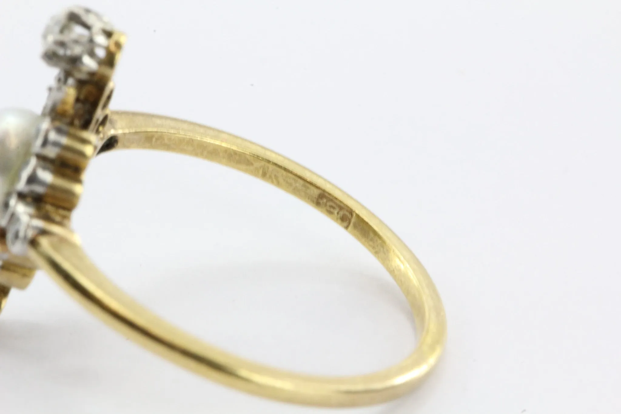 Antique English Edwardian 18K Gold & Platinum Top Diamond & Pearl Ring