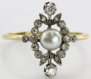 Antique English Edwardian 18K Gold & Platinum Top Diamond & Pearl Ring