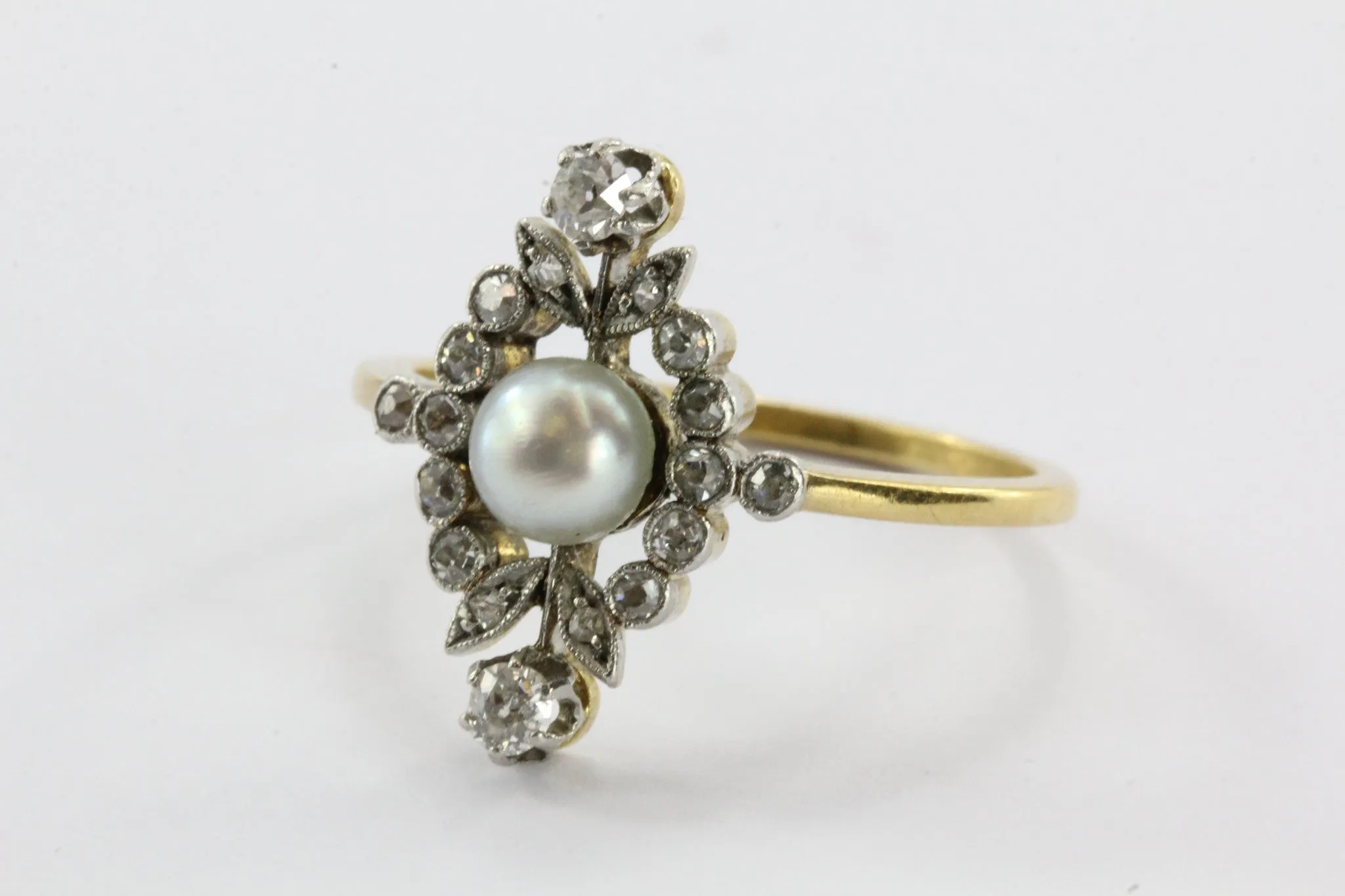 Antique English Edwardian 18K Gold & Platinum Top Diamond & Pearl Ring