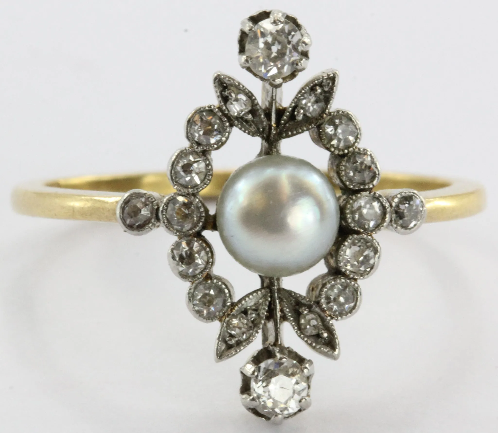Antique English Edwardian 18K Gold & Platinum Top Diamond & Pearl Ring