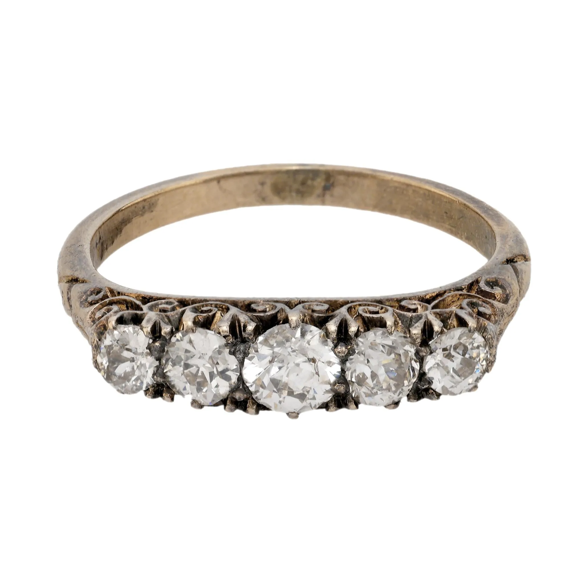 Antique old cut diamond 18k yellow gold five stone ring