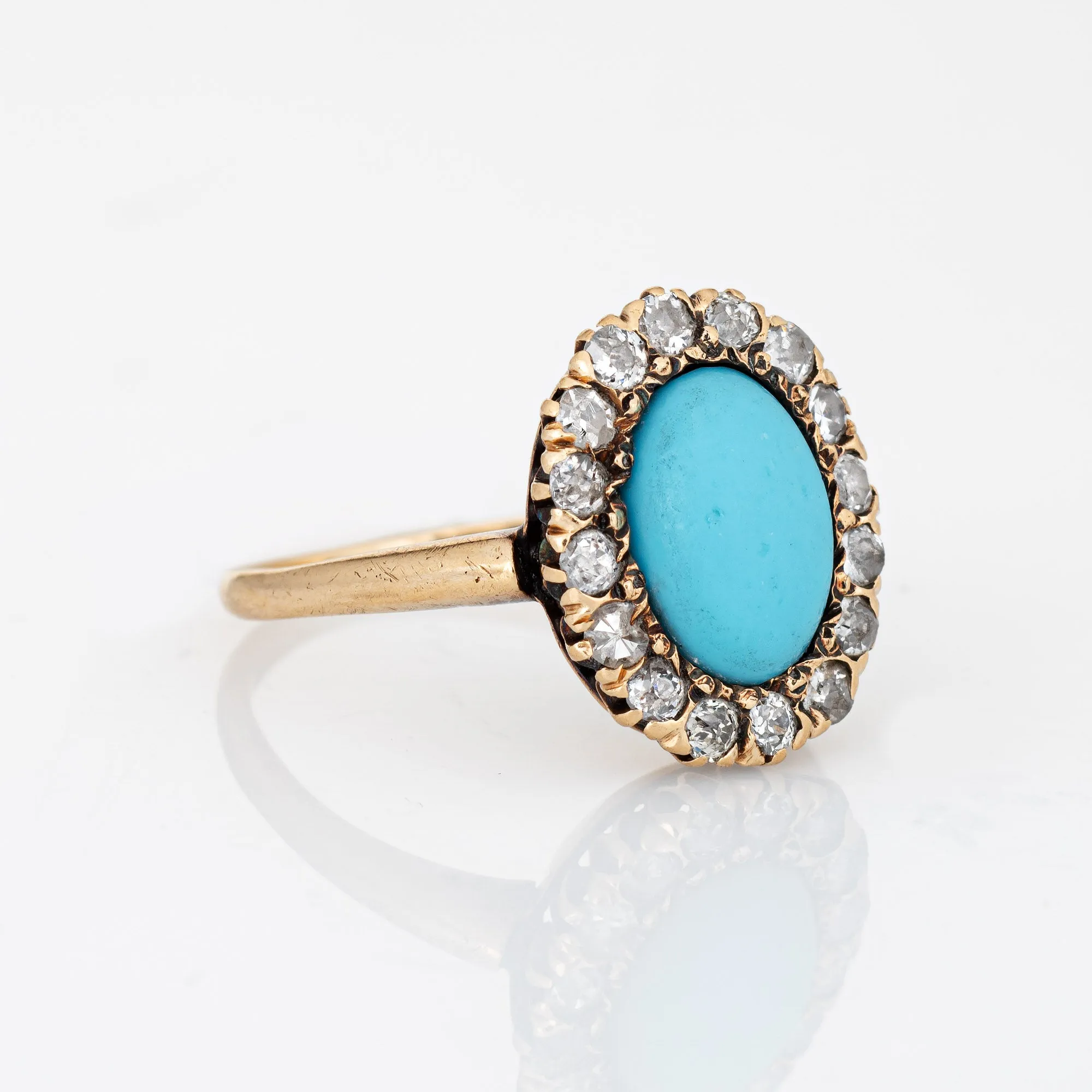 Antique Victorian Ring Turquoise Mine Diamond Cluster 14k Yellow Gold Halo 5.75