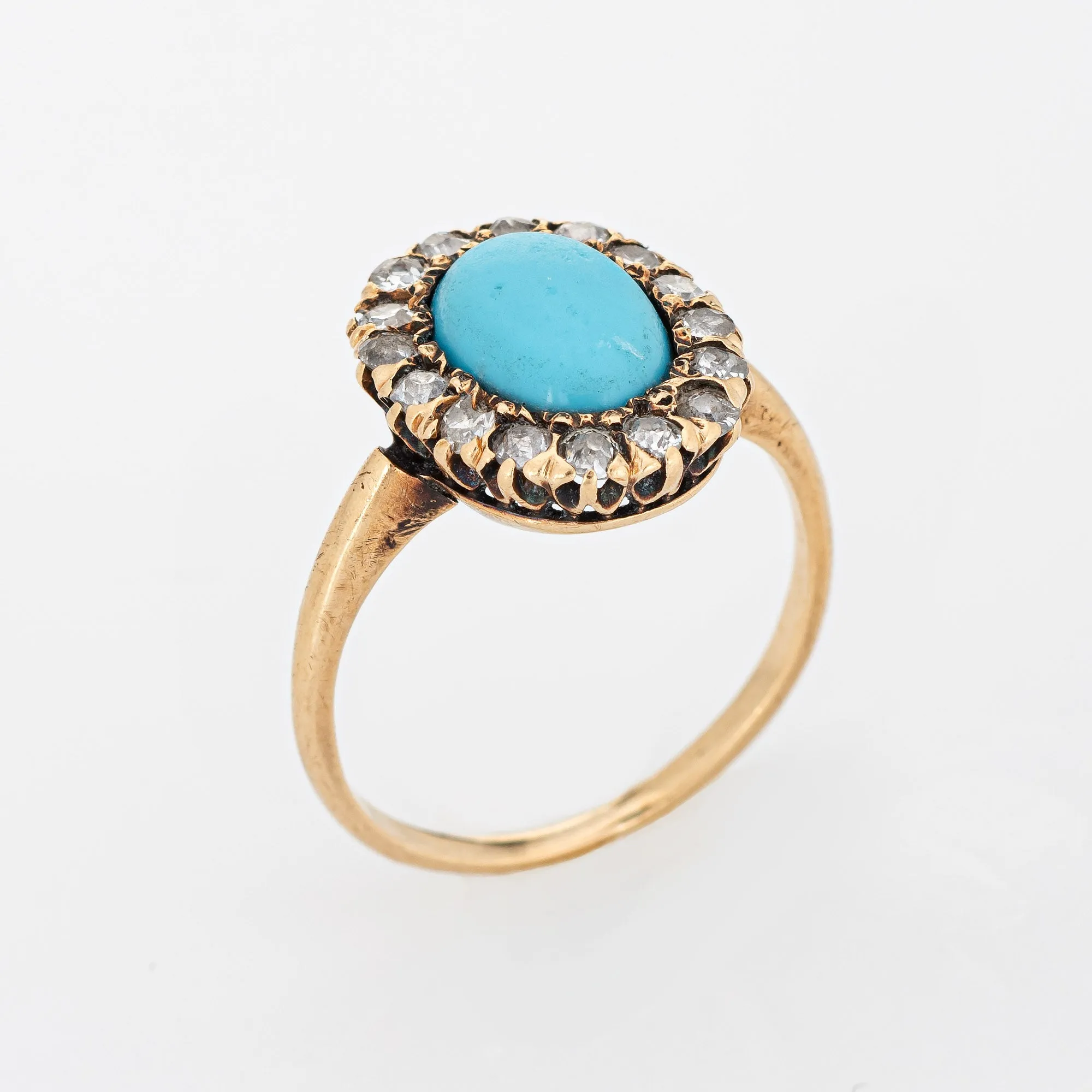 Antique Victorian Ring Turquoise Mine Diamond Cluster 14k Yellow Gold Halo 5.75