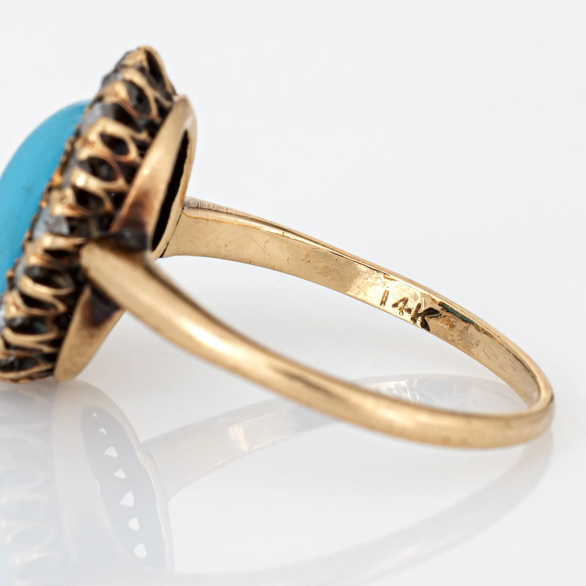 Antique Victorian Ring Turquoise Mine Diamond Cluster 14k Yellow Gold Halo 5.75