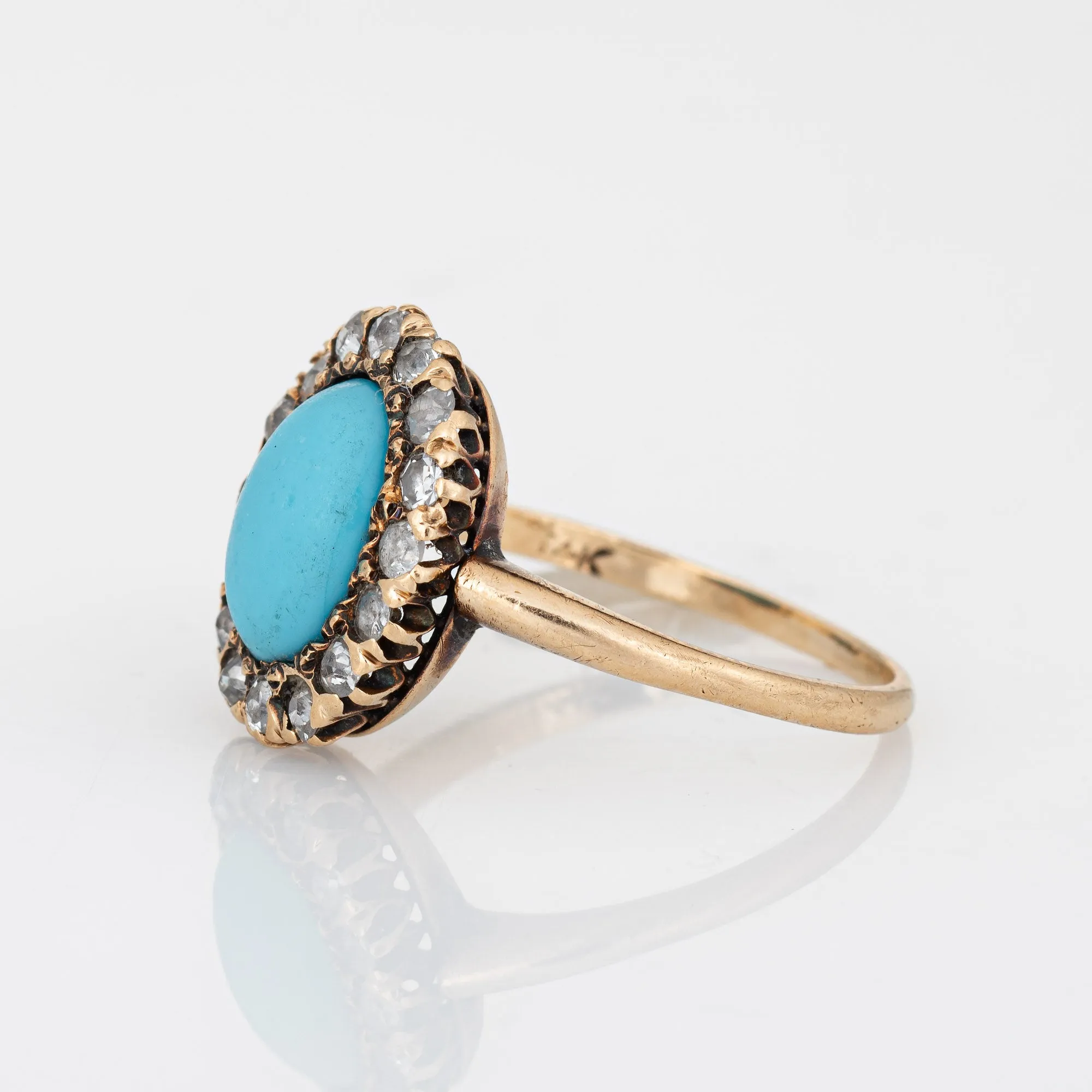 Antique Victorian Ring Turquoise Mine Diamond Cluster 14k Yellow Gold Halo 5.75