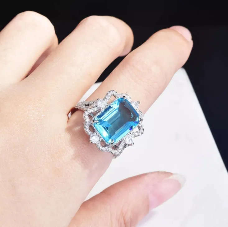 Aquamarine Ring | Aquamarine Diamond Ring | Aquamarine Emerald Ring |  Resizable Diamond Ring | Blue Diamond Ring | Turquoise Diamond Ring