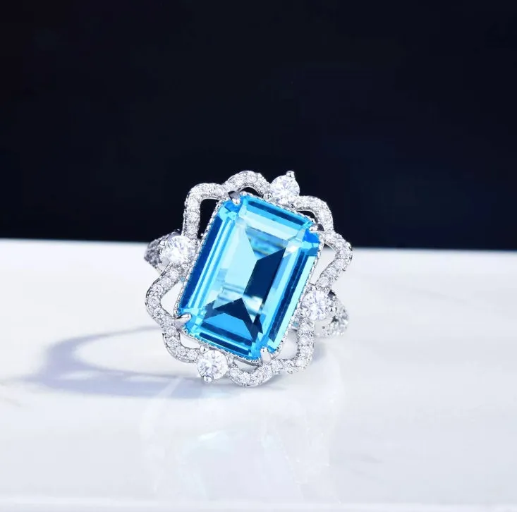 Aquamarine Ring | Aquamarine Diamond Ring | Aquamarine Emerald Ring |  Resizable Diamond Ring | Blue Diamond Ring | Turquoise Diamond Ring