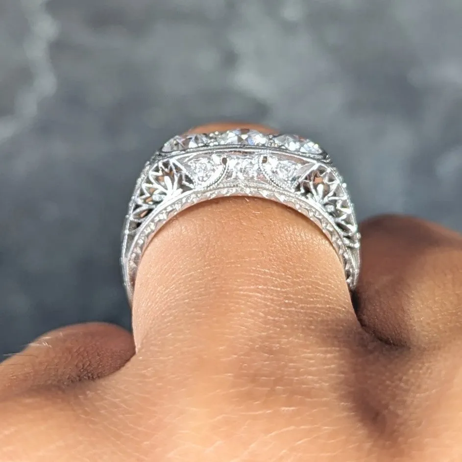 Art Deco 1.38 CTW Diamond Platinum Three Stone Foliate Vintage Ring