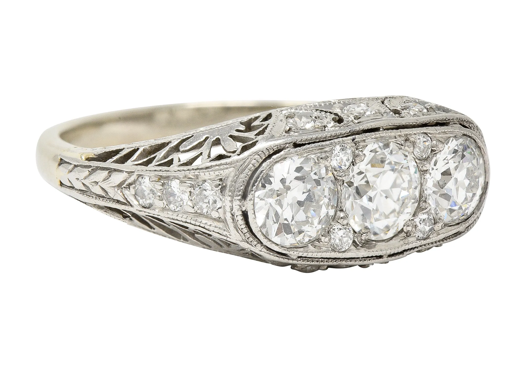 Art Deco 1.38 CTW Diamond Platinum Three Stone Foliate Vintage Ring