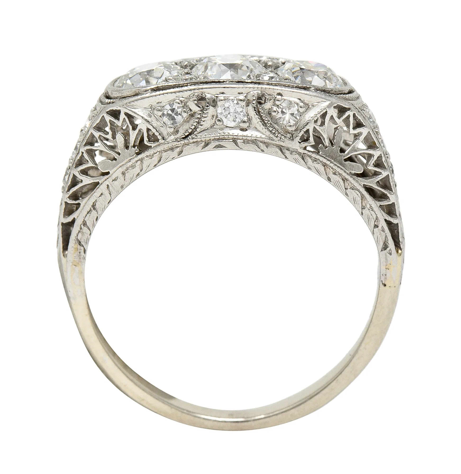 Art Deco 1.38 CTW Diamond Platinum Three Stone Foliate Vintage Ring