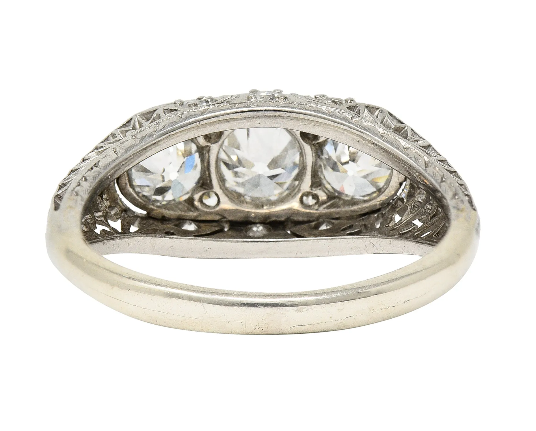 Art Deco 1.38 CTW Diamond Platinum Three Stone Foliate Vintage Ring