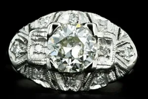 Art Deco 14K White Gold 1 Carat Old European Cut Diamond Engagement Ring