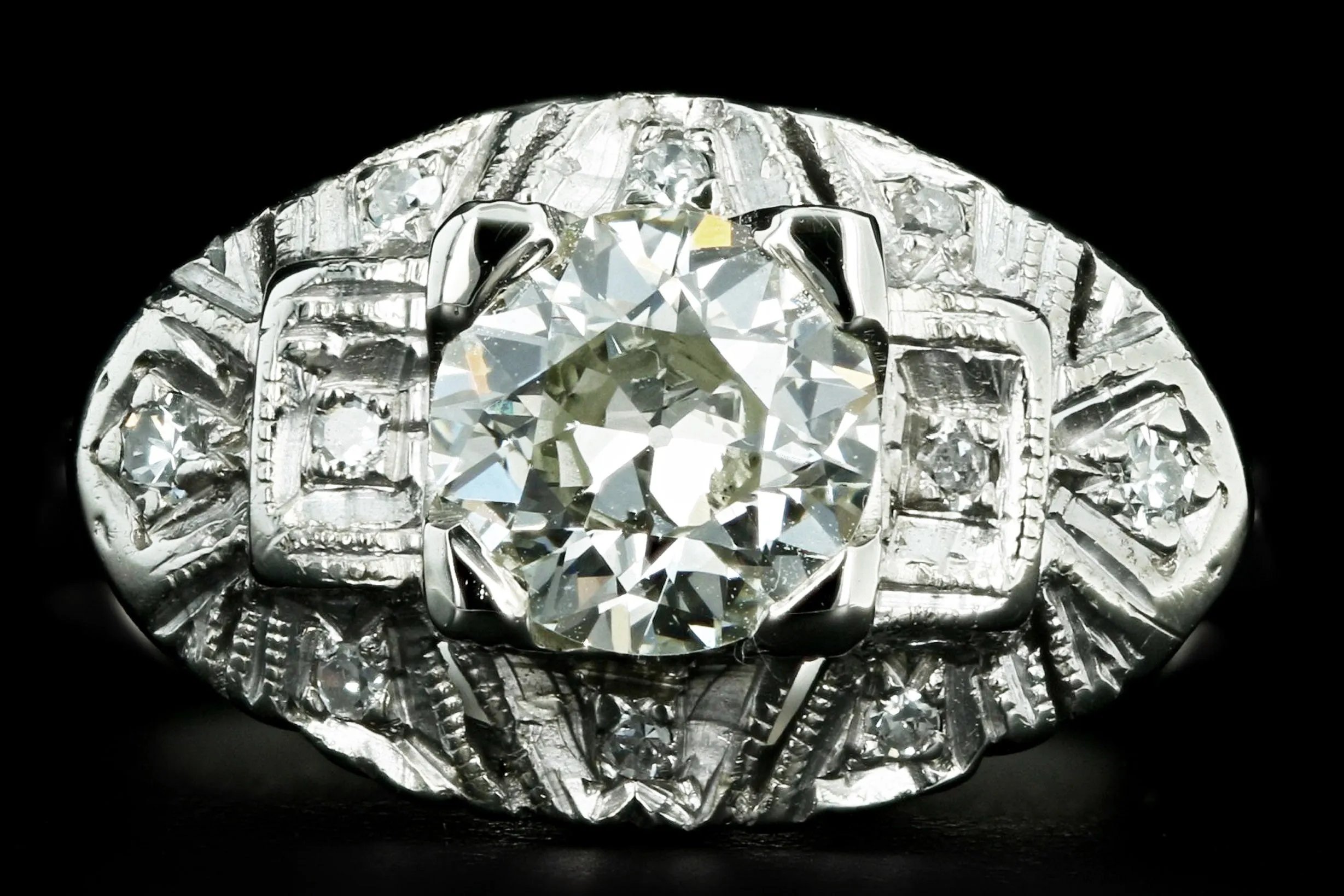 Art Deco 14K White Gold 1 Carat Old European Cut Diamond Engagement Ring