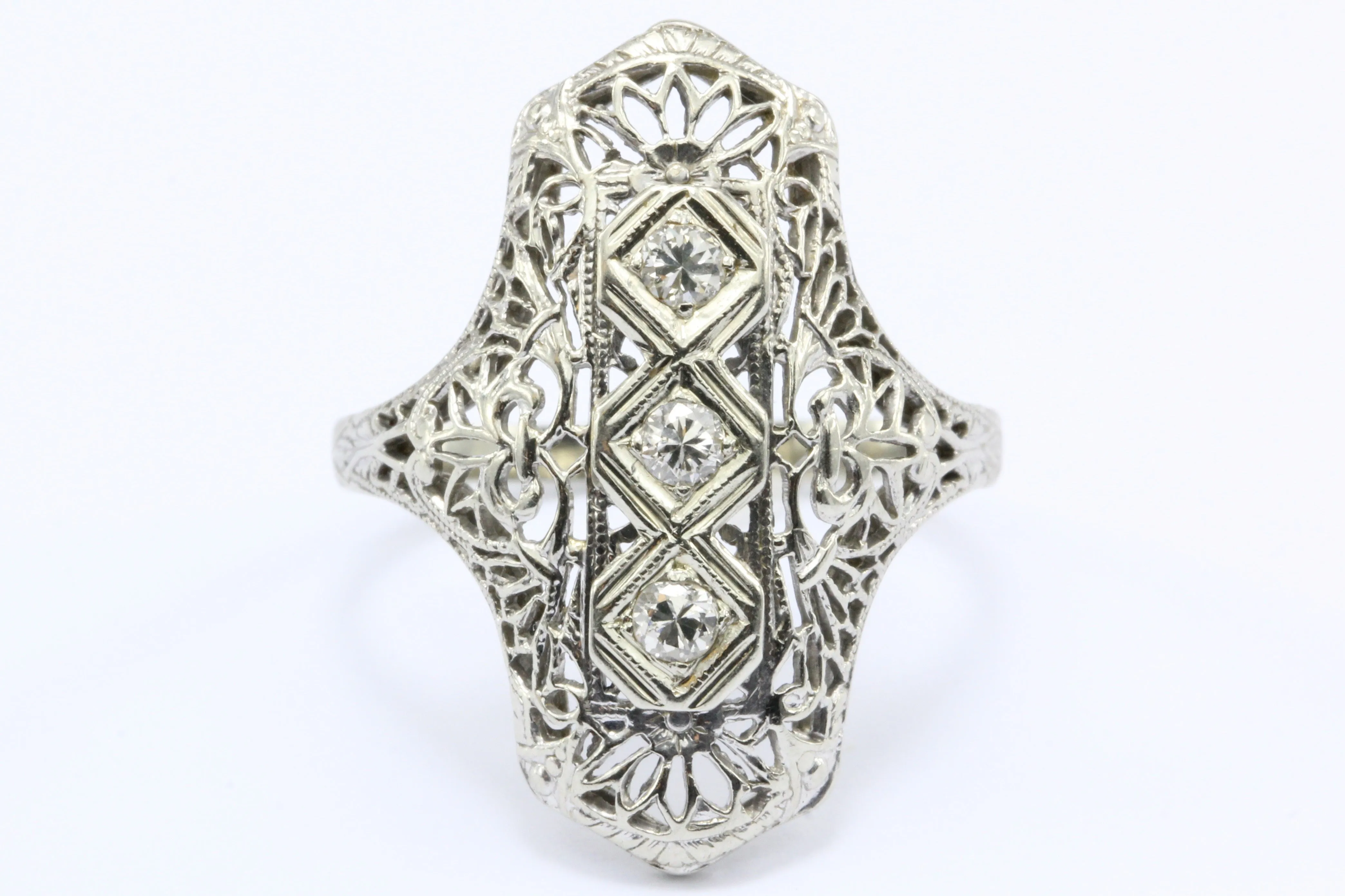 Art Deco 14K White Gold 3 Stone Old European Diamond Ring C.1920's