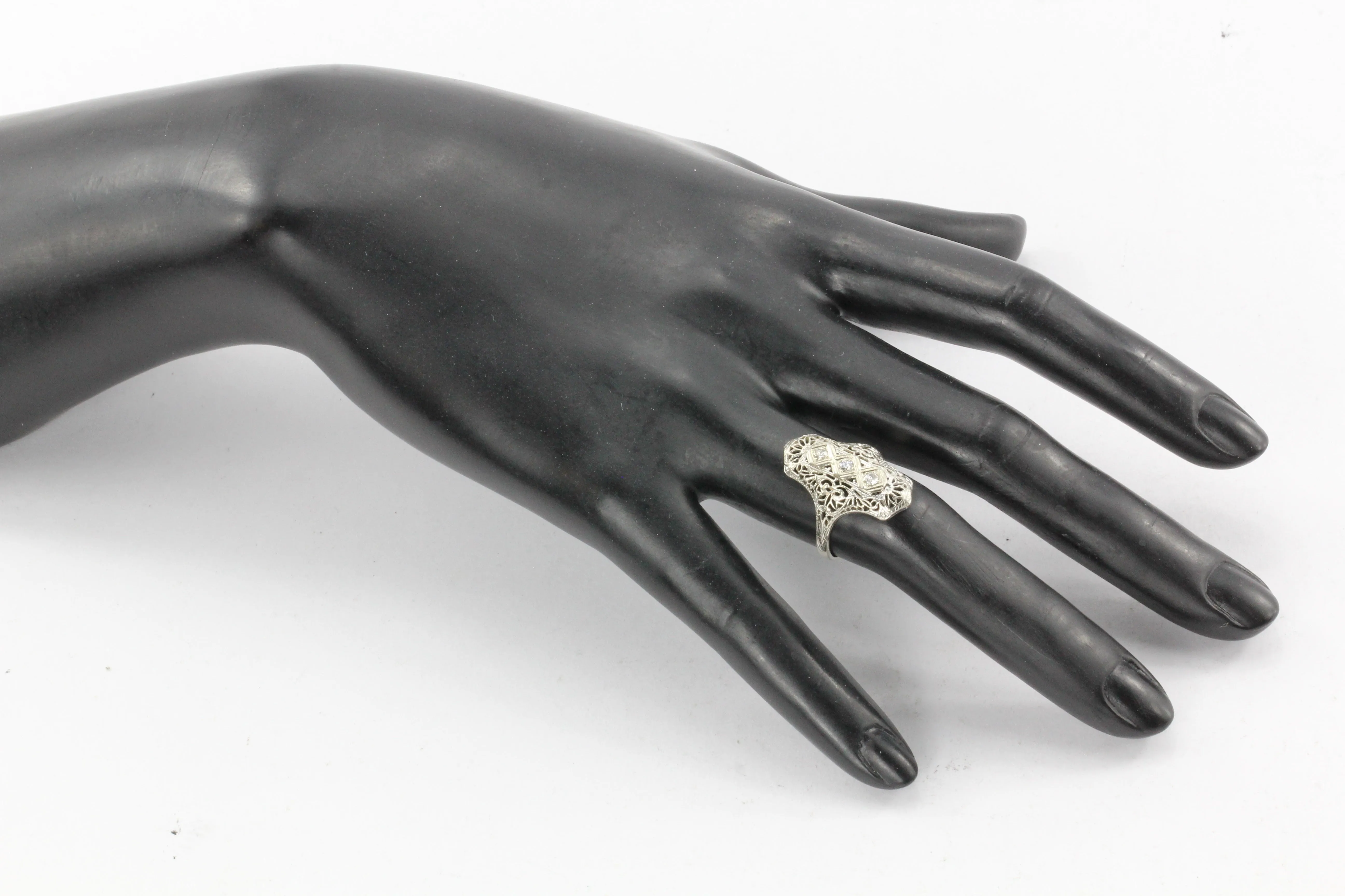 Art Deco 14K White Gold 3 Stone Old European Diamond Ring C.1920's
