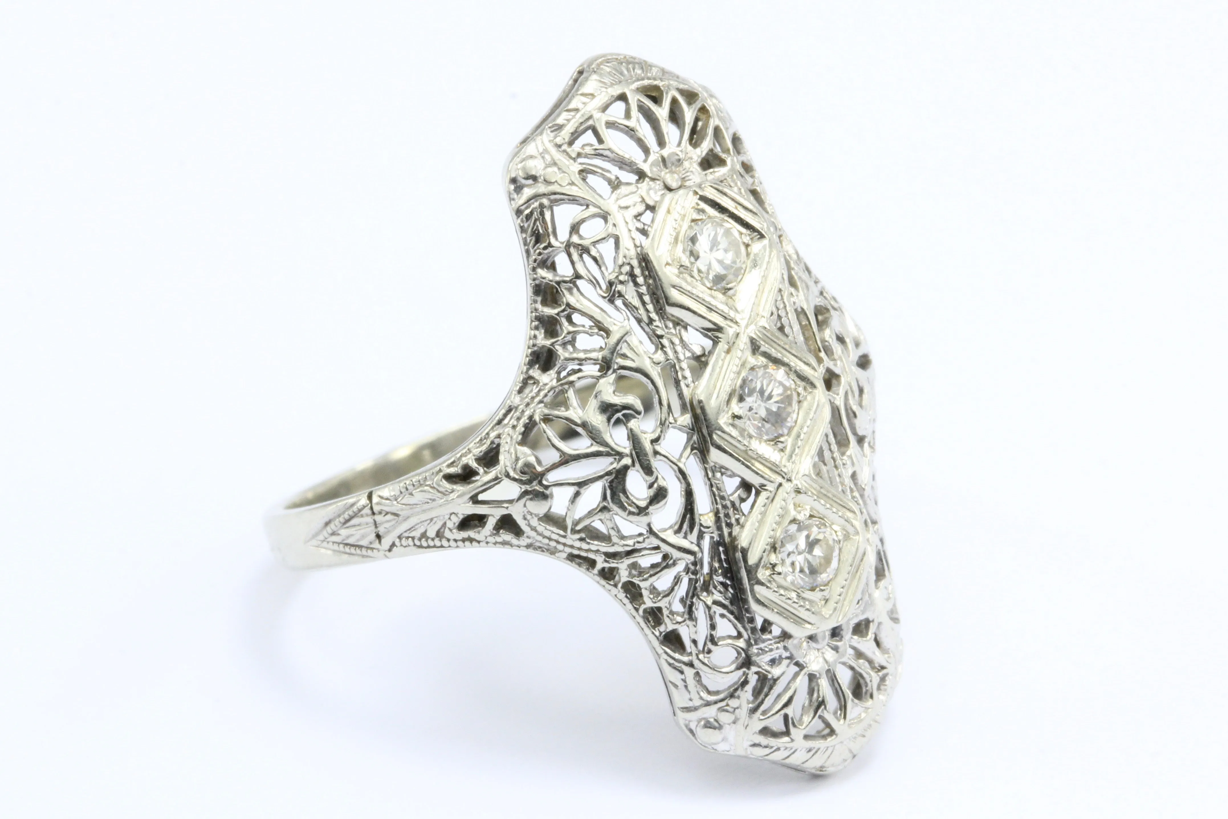 Art Deco 14K White Gold 3 Stone Old European Diamond Ring C.1920's