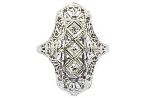 Art Deco 14K White Gold 3 Stone Old European Diamond Ring C.1920's