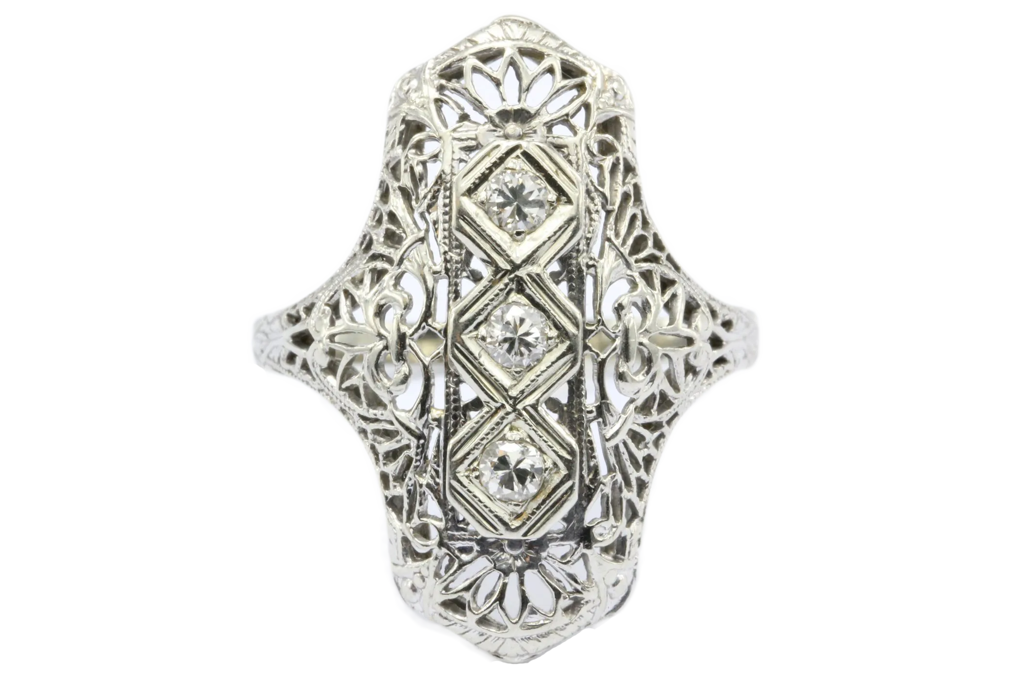 Art Deco 14K White Gold 3 Stone Old European Diamond Ring C.1920's