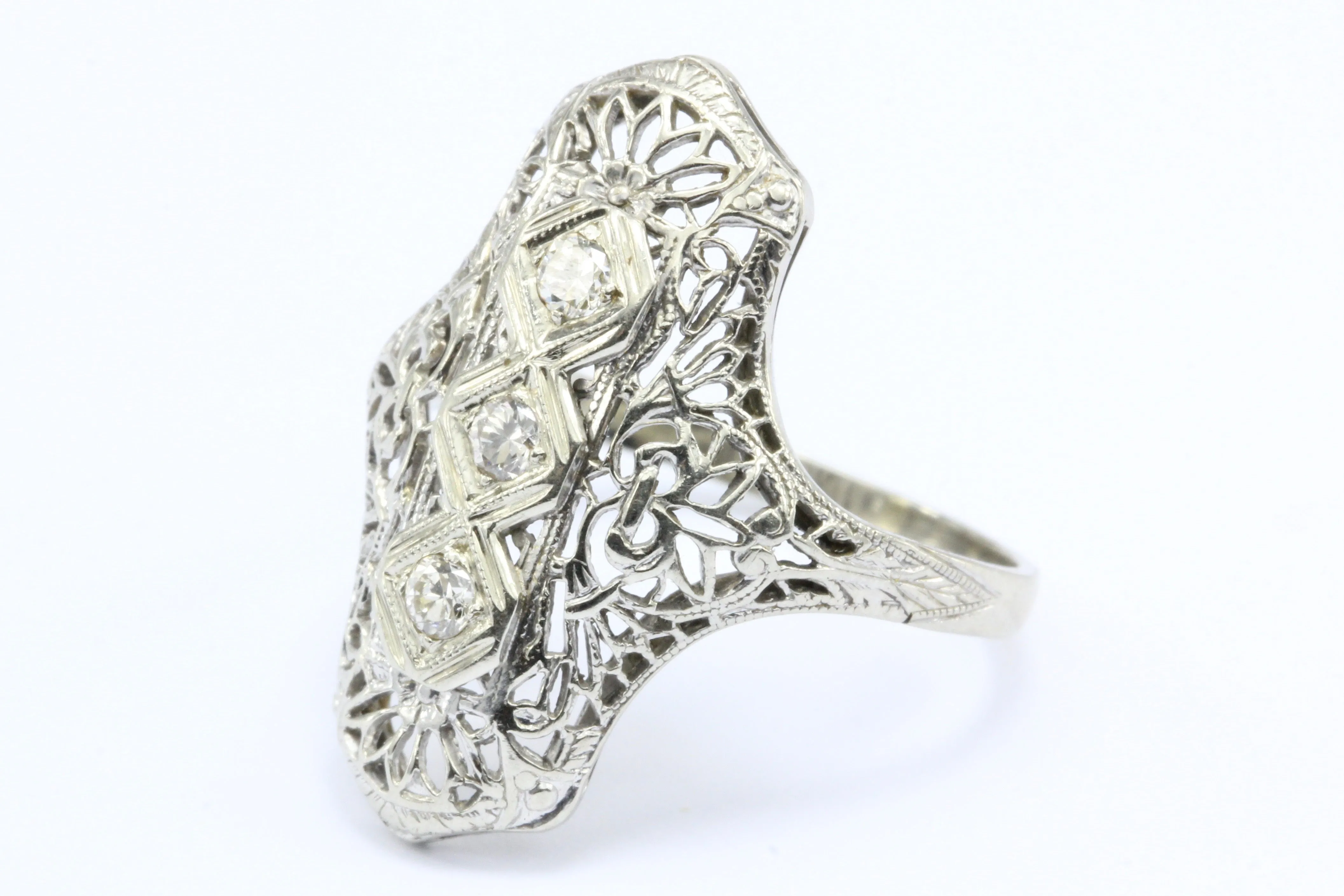 Art Deco 14K White Gold 3 Stone Old European Diamond Ring C.1920's