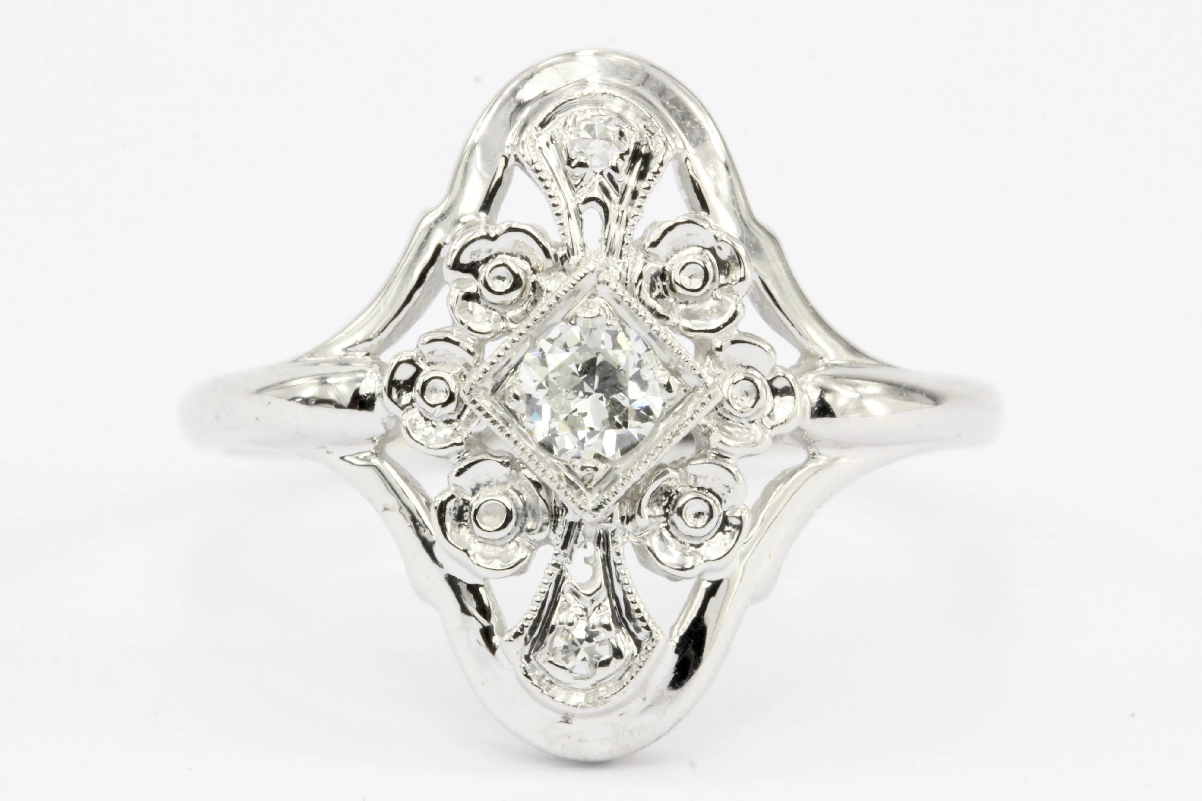 Art Deco 14K White Gold Old European Cut Diamond Engagement Ring c.1920's