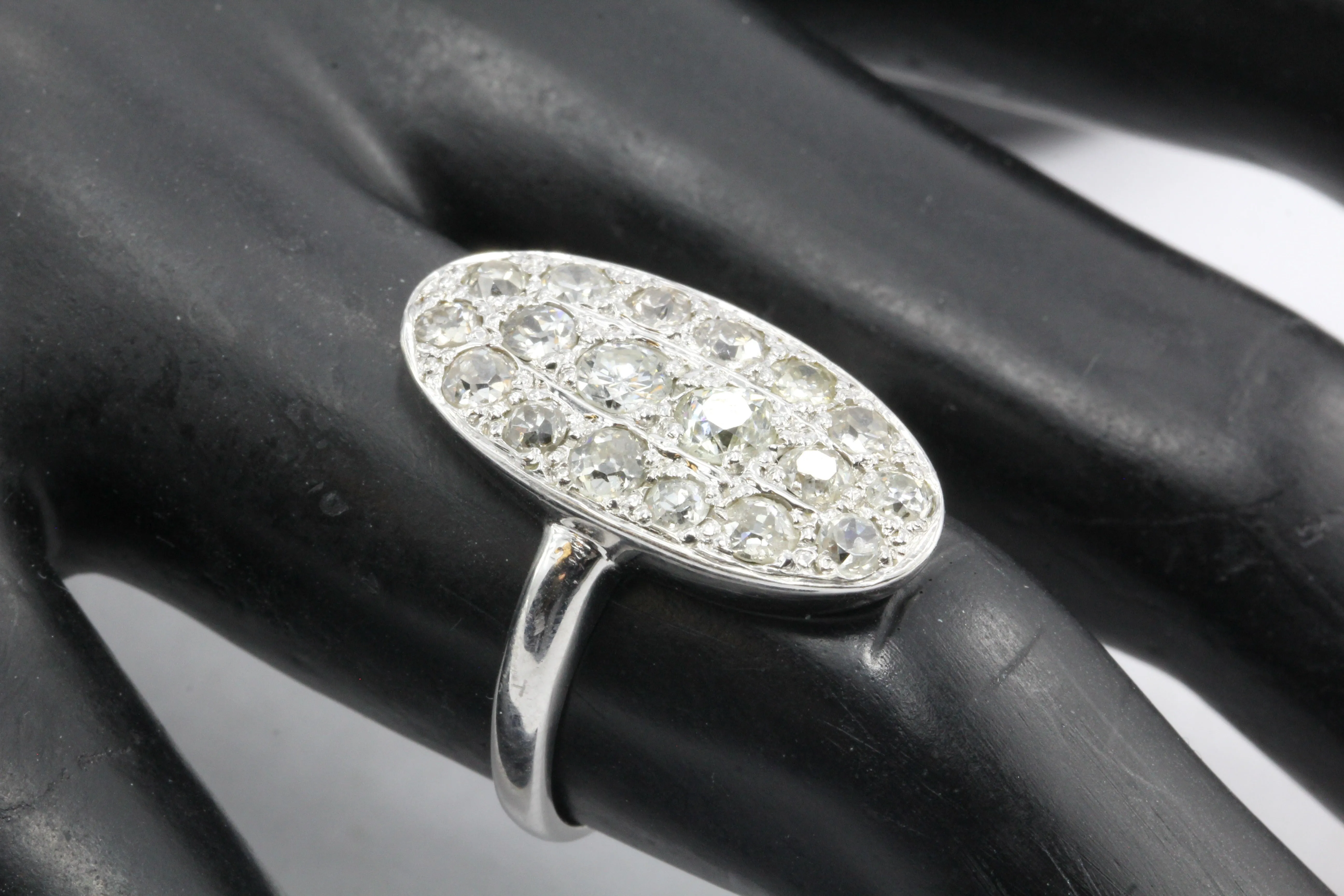 Art Deco 14K White Gold Old European Cut Diamond Oval Cluster Ring