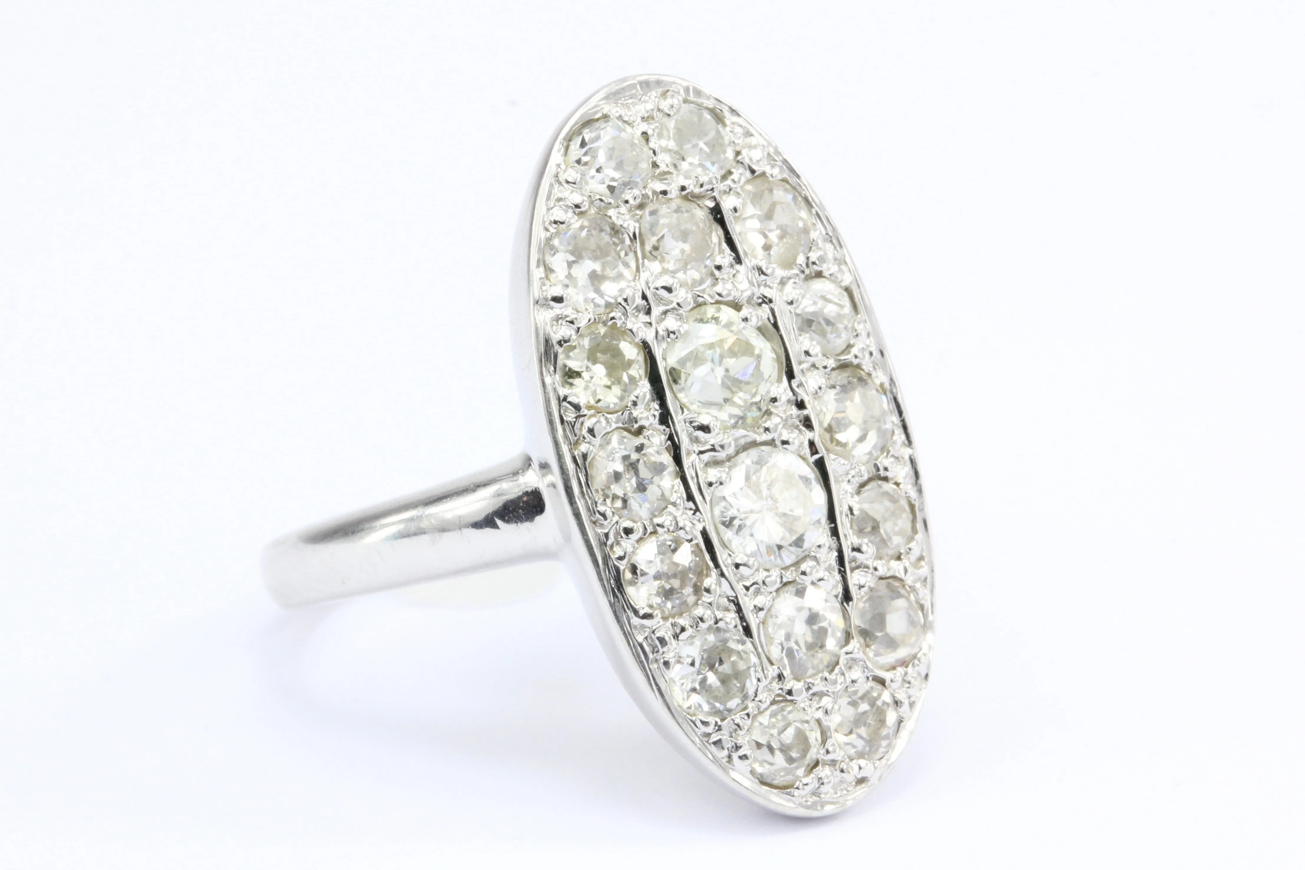 Art Deco 14K White Gold Old European Cut Diamond Oval Cluster Ring