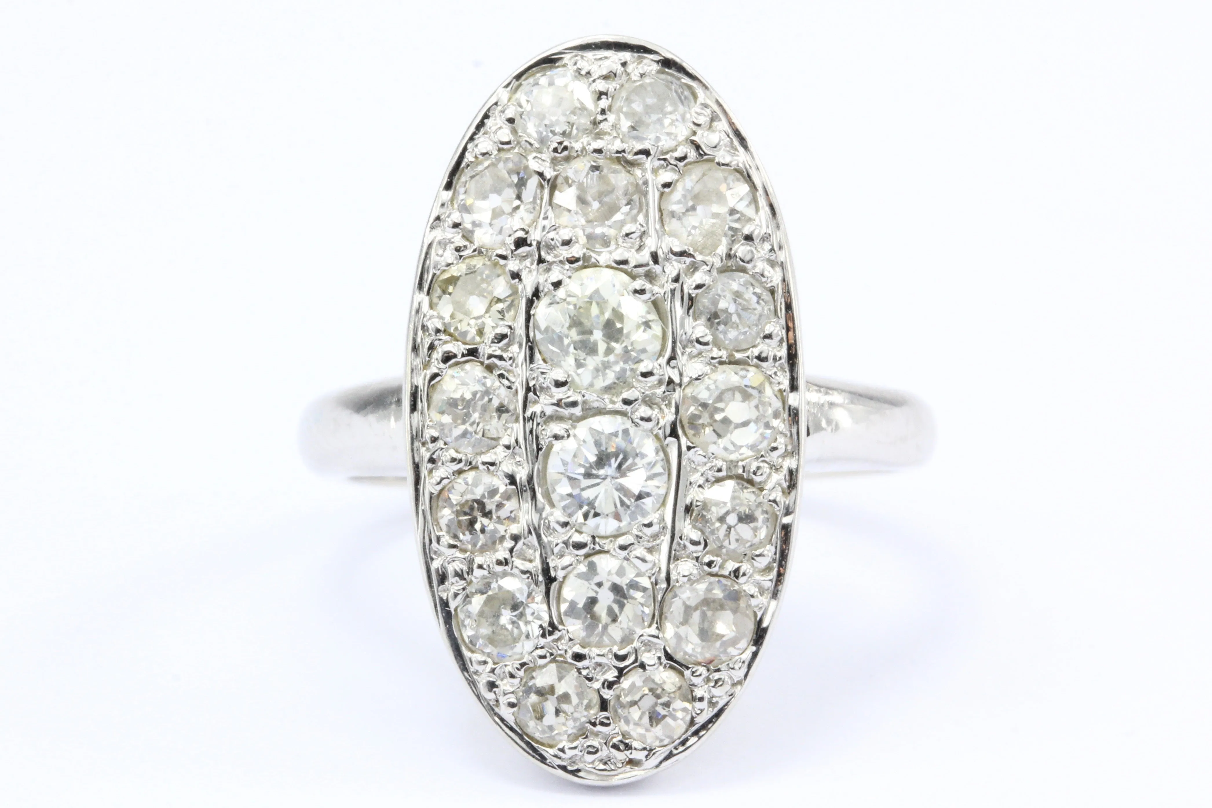 Art Deco 14K White Gold Old European Cut Diamond Oval Cluster Ring