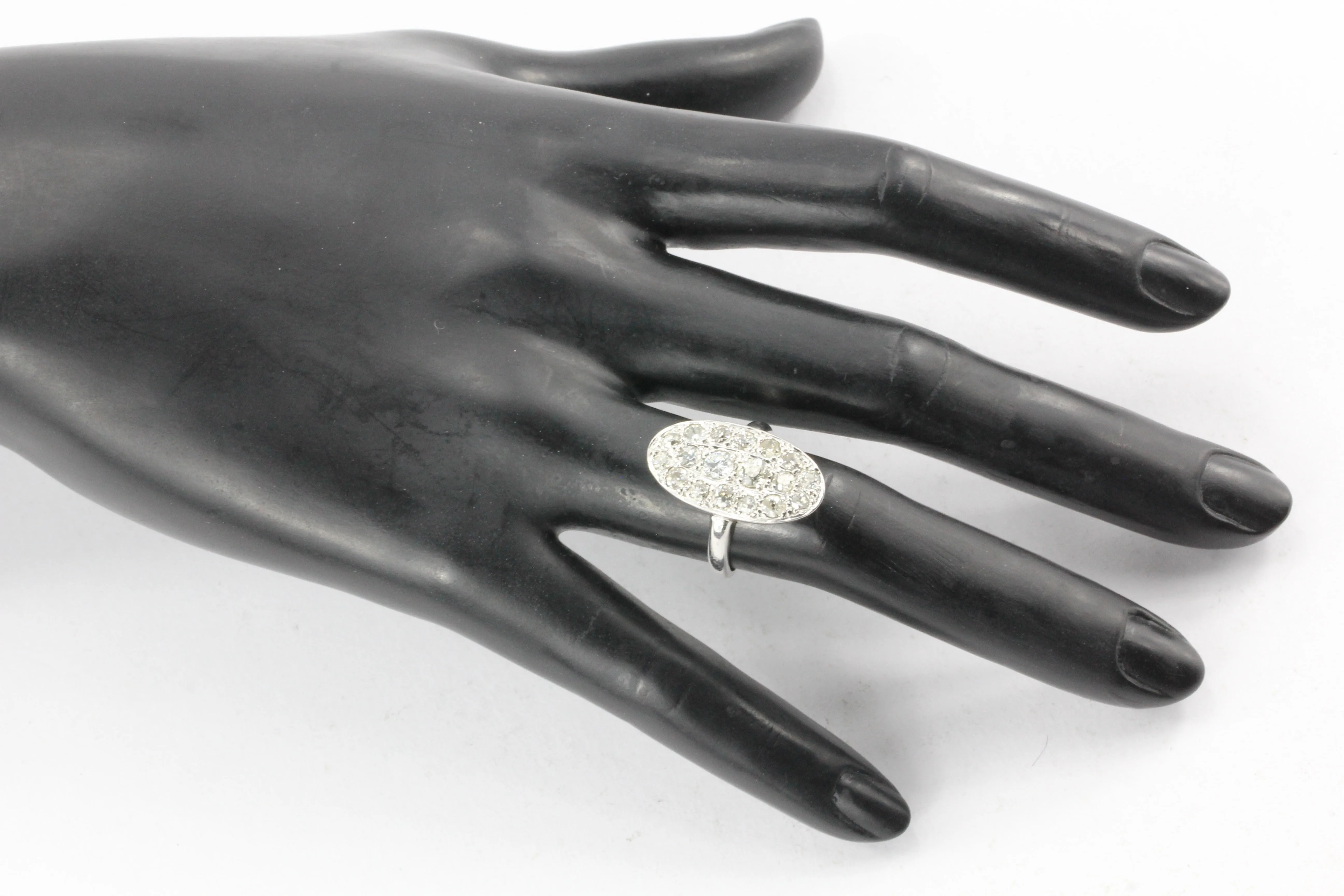 Art Deco 14K White Gold Old European Cut Diamond Oval Cluster Ring