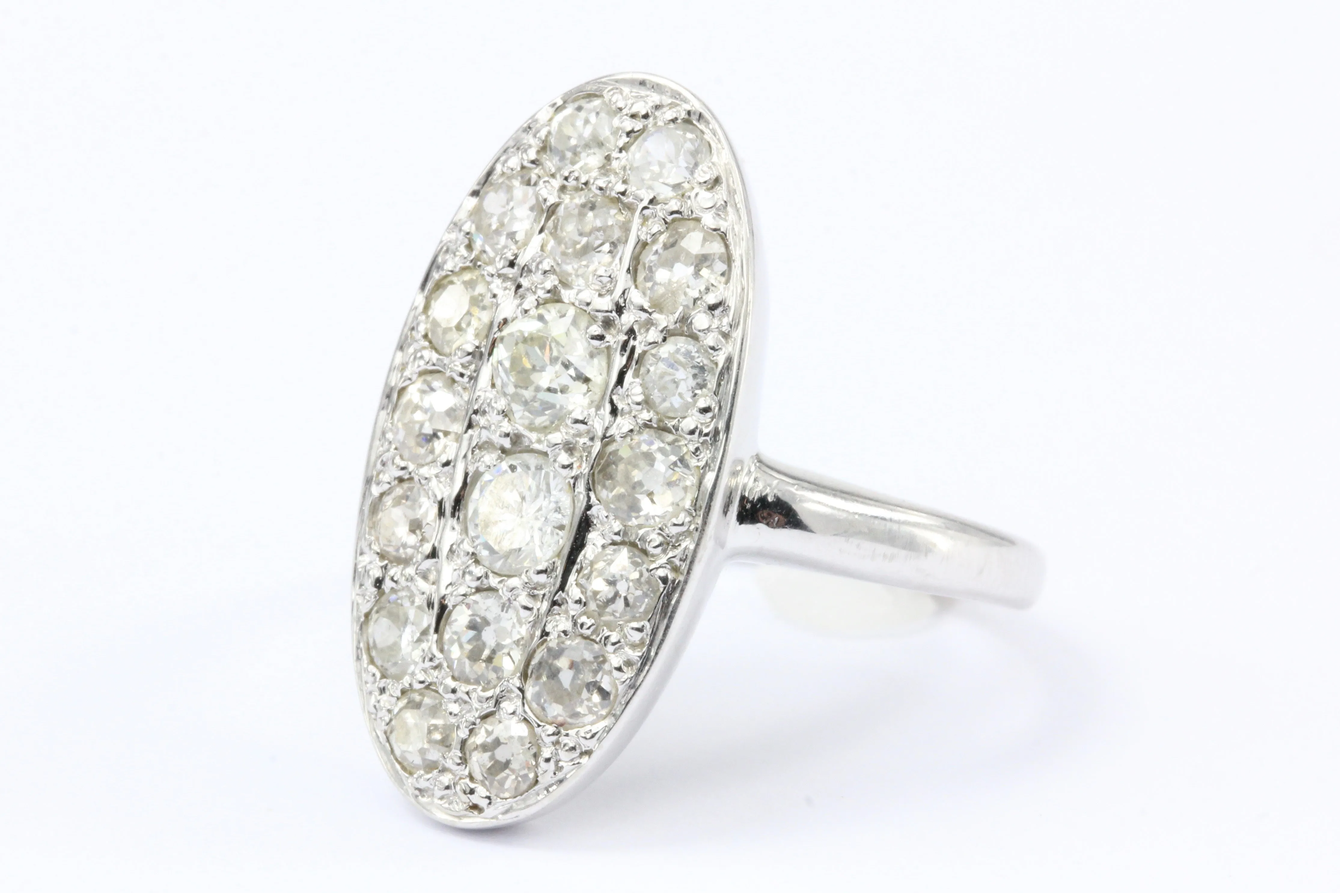 Art Deco 14K White Gold Old European Cut Diamond Oval Cluster Ring