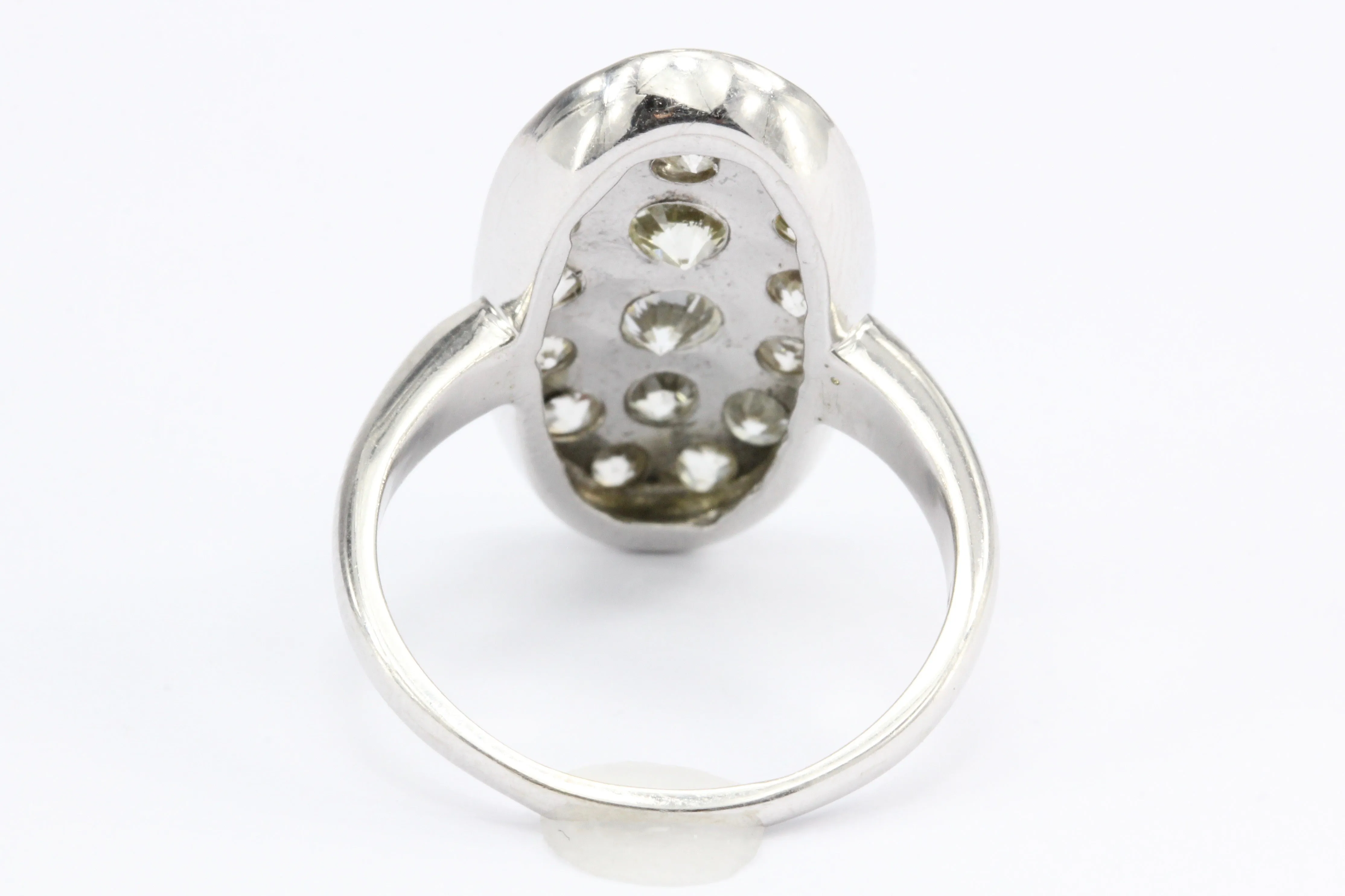 Art Deco 14K White Gold Old European Cut Diamond Oval Cluster Ring