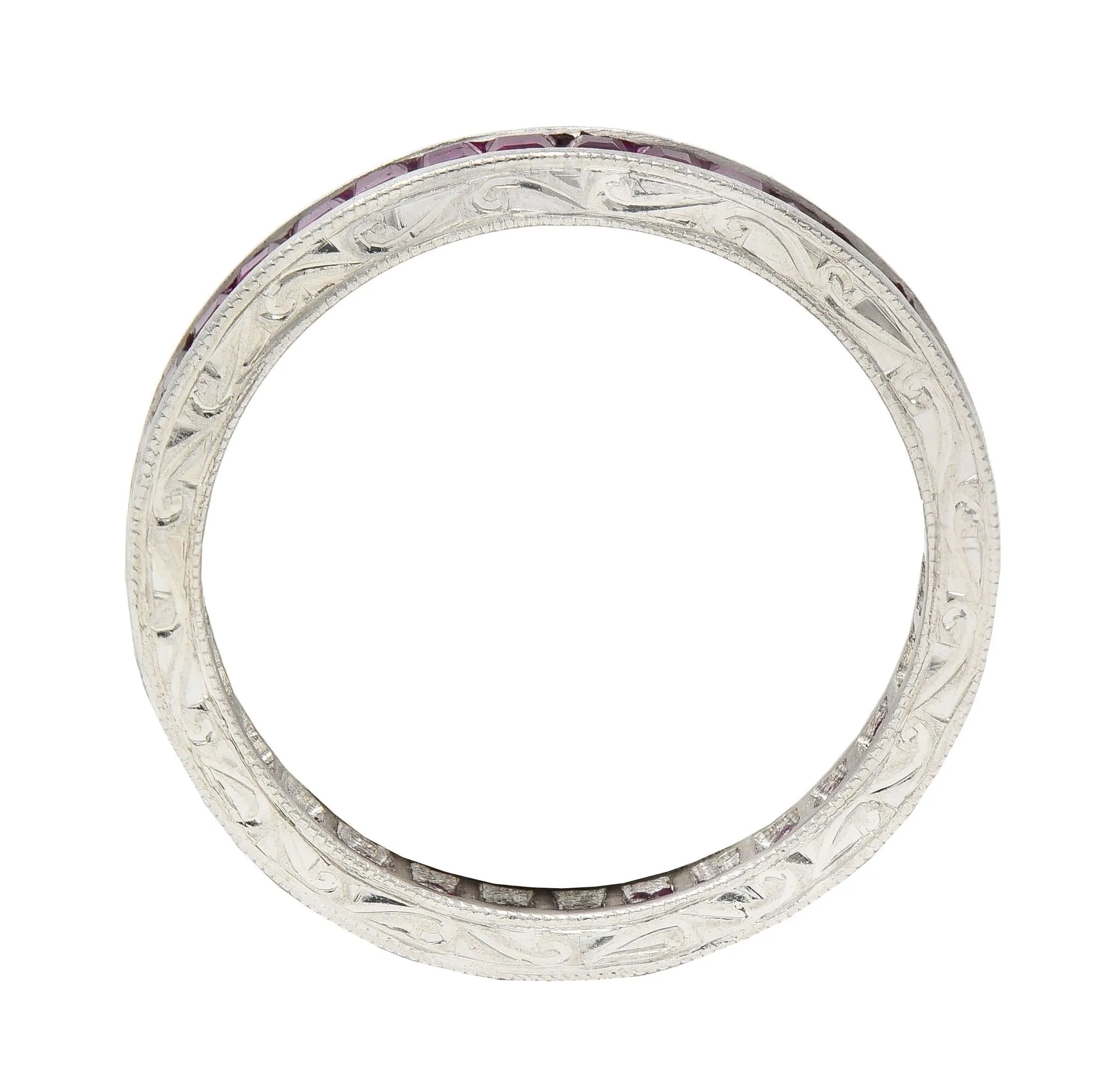 Art Deco 1.85 CTW Square Cut Ruby Platinum Scrolling Eternity Vintage Channel Band Ring