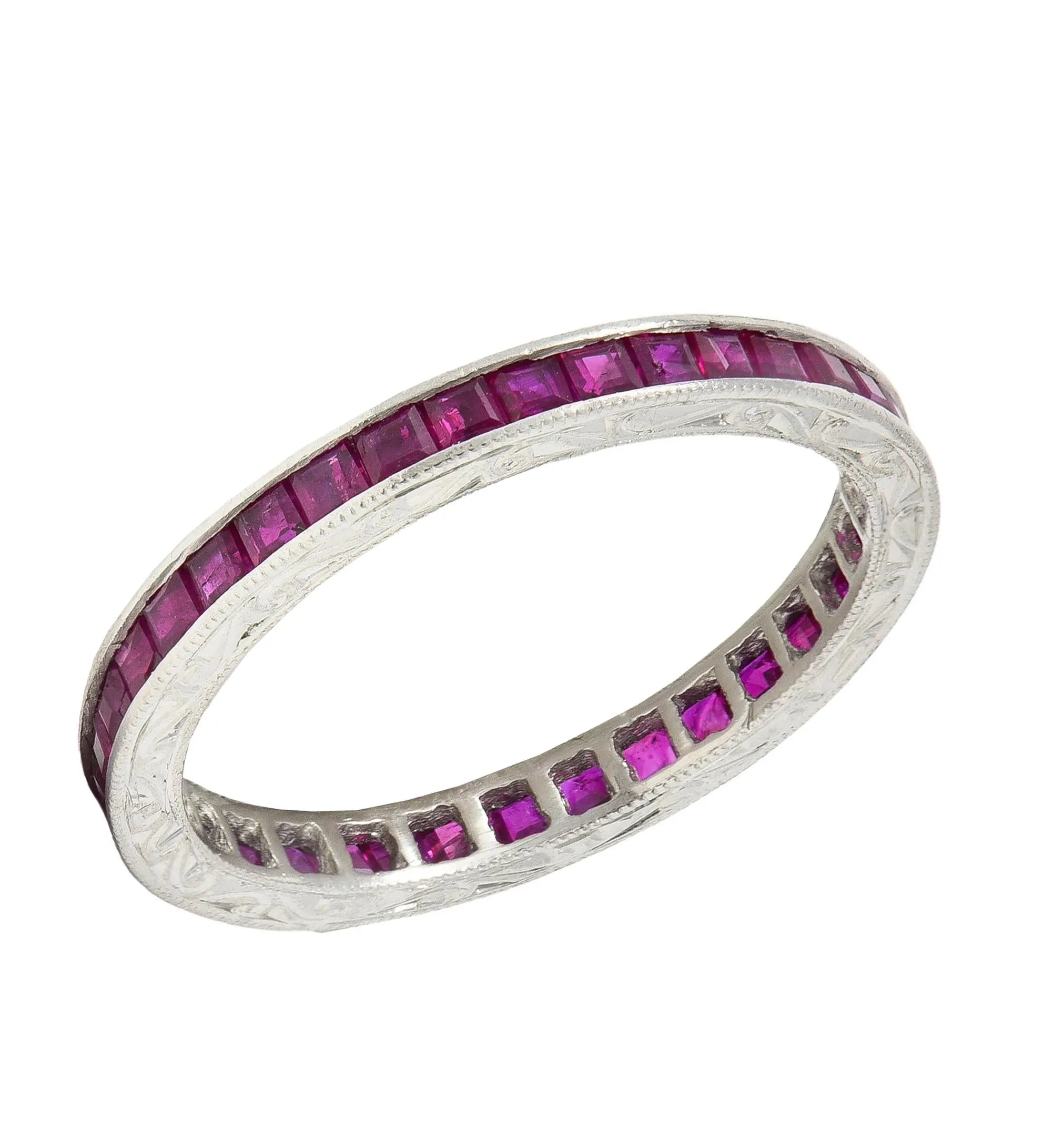Art Deco 1.85 CTW Square Cut Ruby Platinum Scrolling Eternity Vintage Channel Band Ring