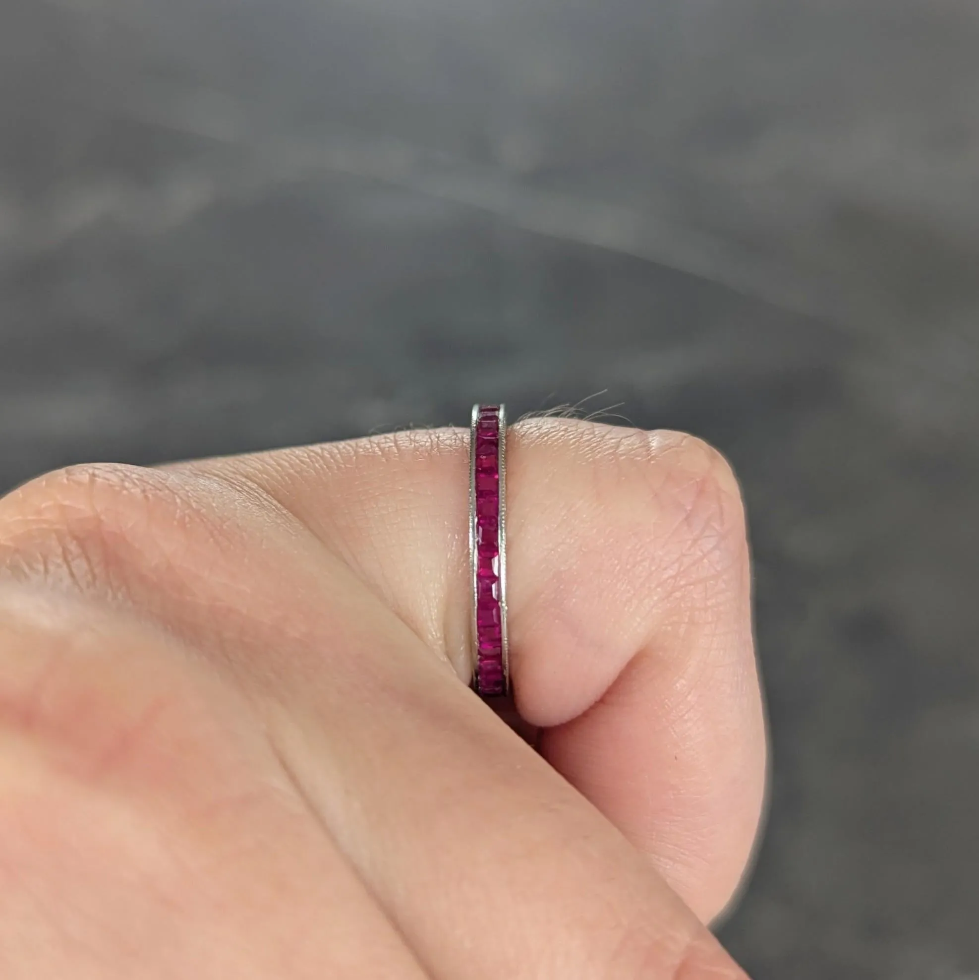 Art Deco 1.85 CTW Square Cut Ruby Platinum Scrolling Eternity Vintage Channel Band Ring