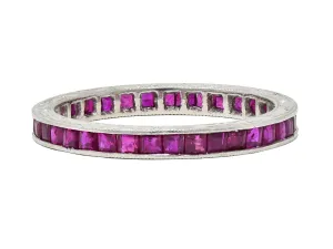 Art Deco 1.85 CTW Square Cut Ruby Platinum Scrolling Eternity Vintage Channel Band Ring