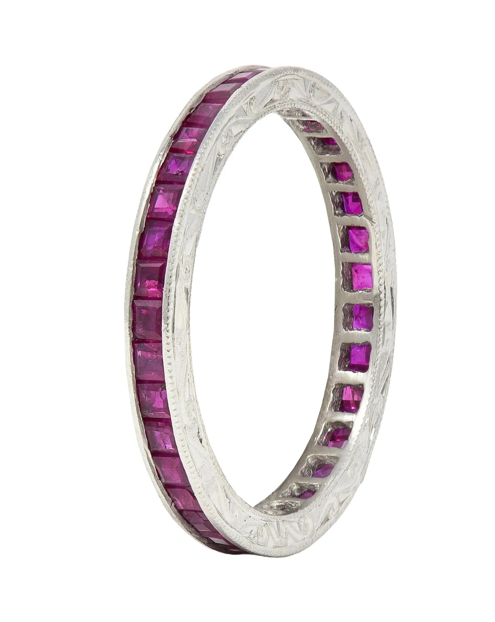 Art Deco 1.85 CTW Square Cut Ruby Platinum Scrolling Eternity Vintage Channel Band Ring
