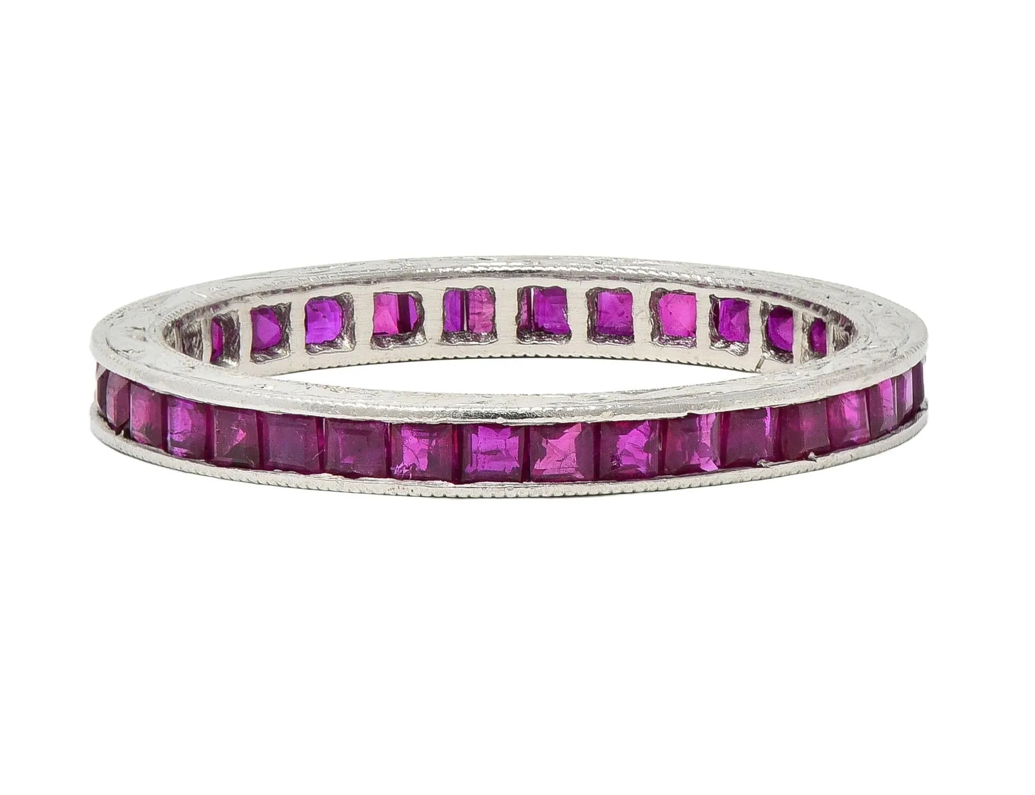 Art Deco 1.85 CTW Square Cut Ruby Platinum Scrolling Eternity Vintage Channel Band Ring