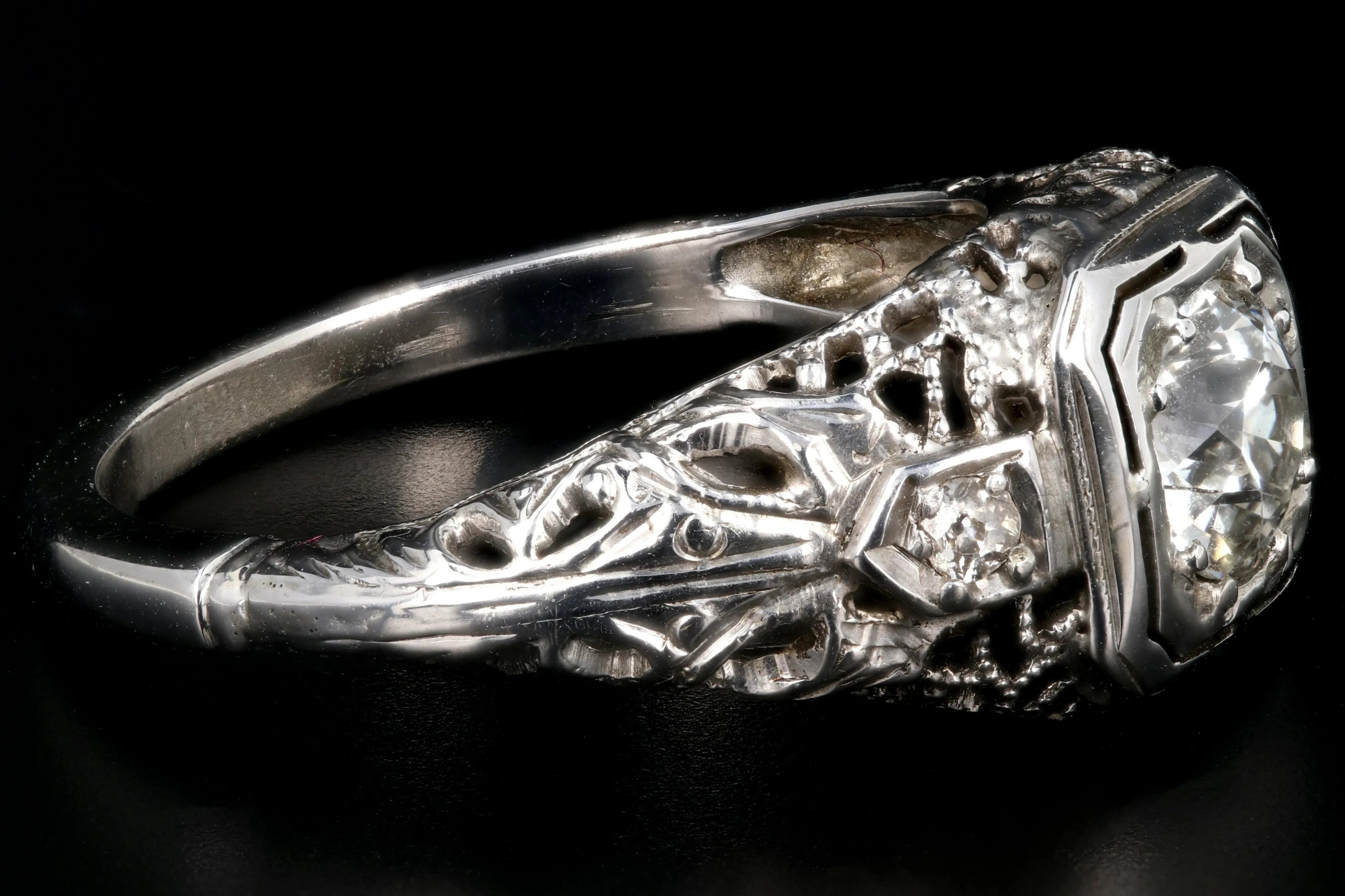 Art Deco 18K White Gold .63 Carat Old European Cut Diamond Engagement Ring