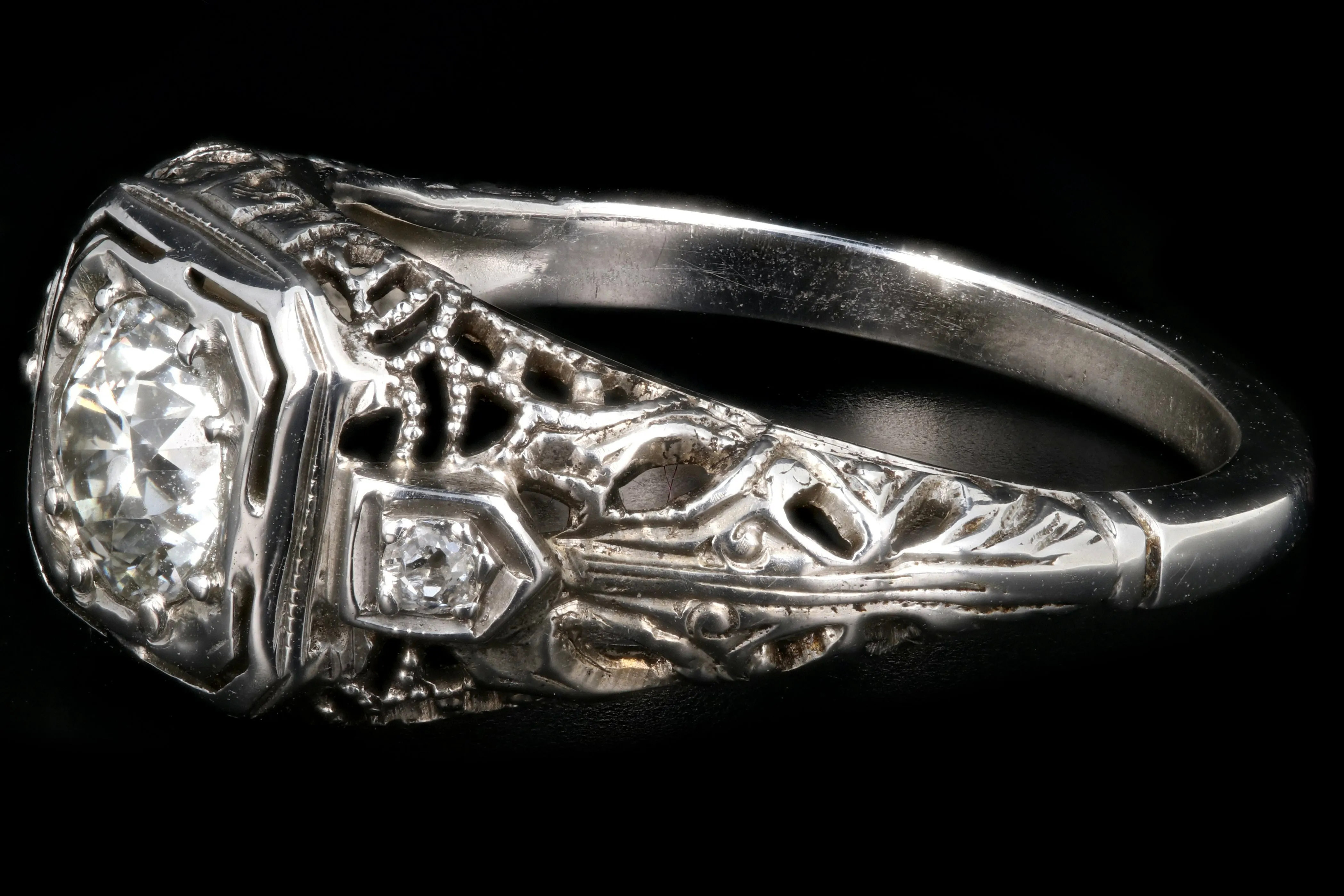 Art Deco 18K White Gold .63 Carat Old European Cut Diamond Engagement Ring