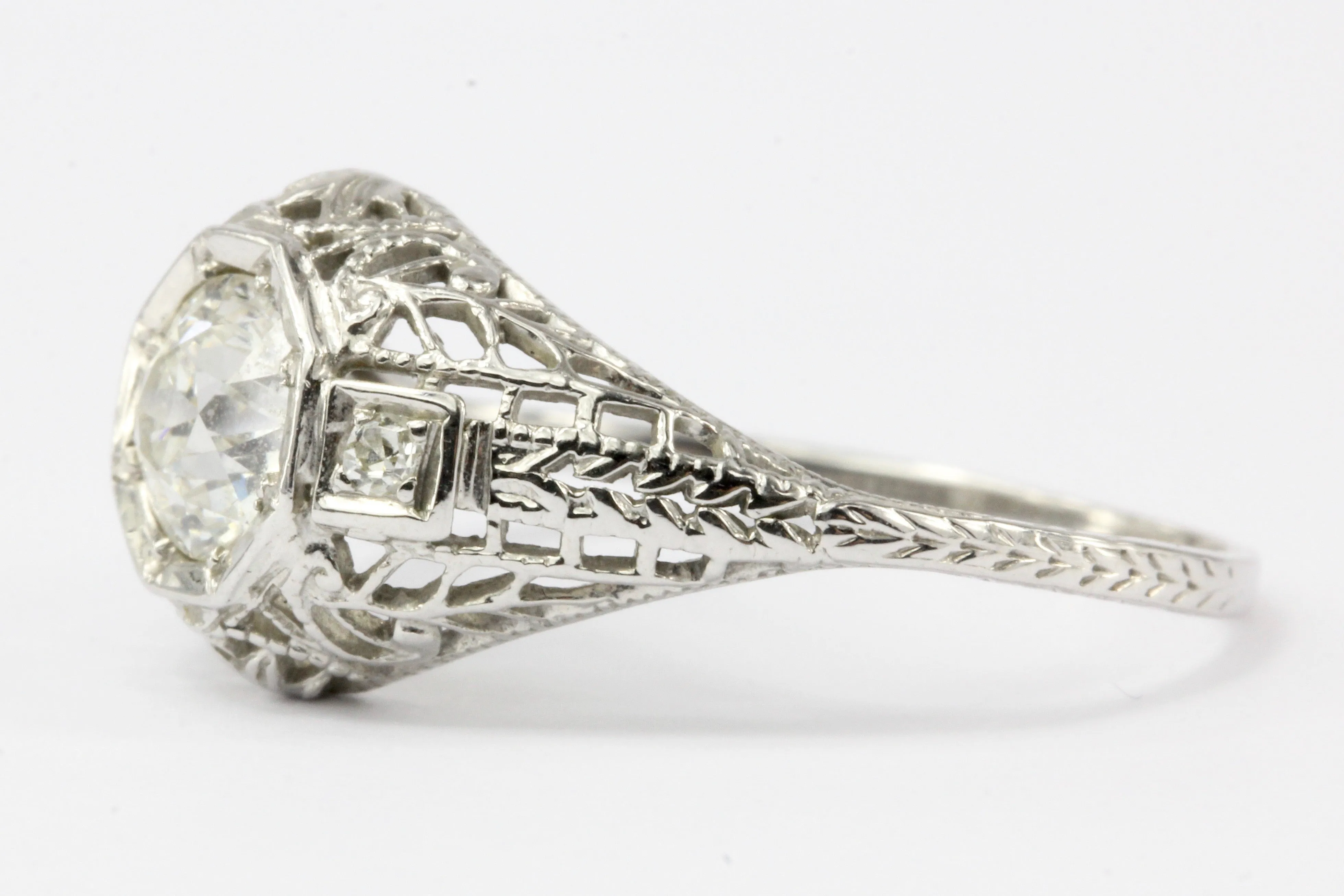 Art Deco 18K White Gold .80 CT Old European Cut Diamond Engagement Ring
