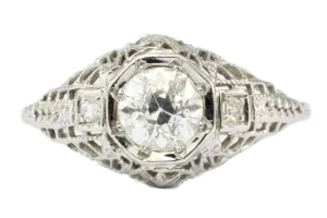 Art Deco 18K White Gold .80 CT Old European Cut Diamond Engagement Ring