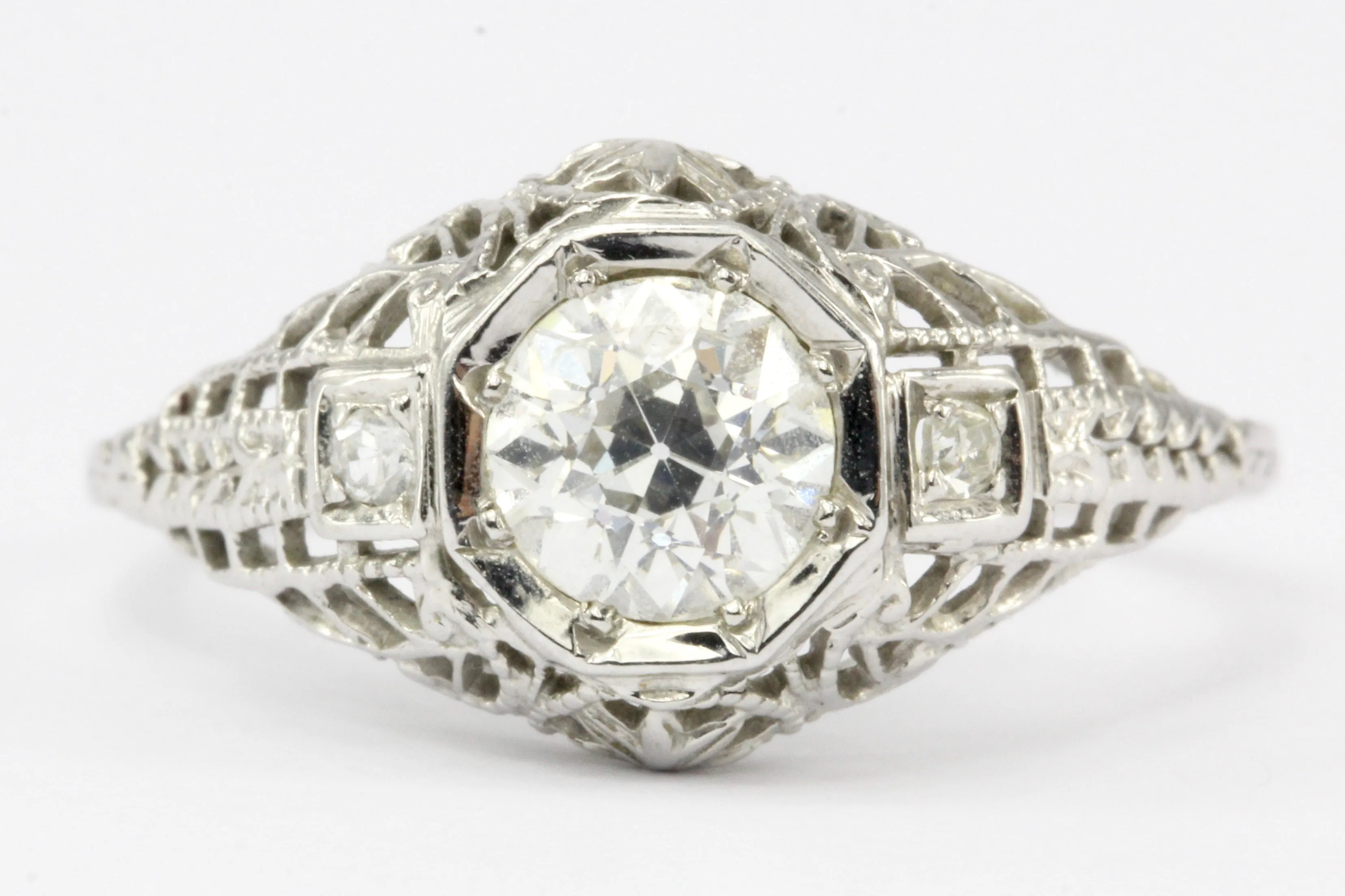 Art Deco 18K White Gold .80 CT Old European Cut Diamond Engagement Ring