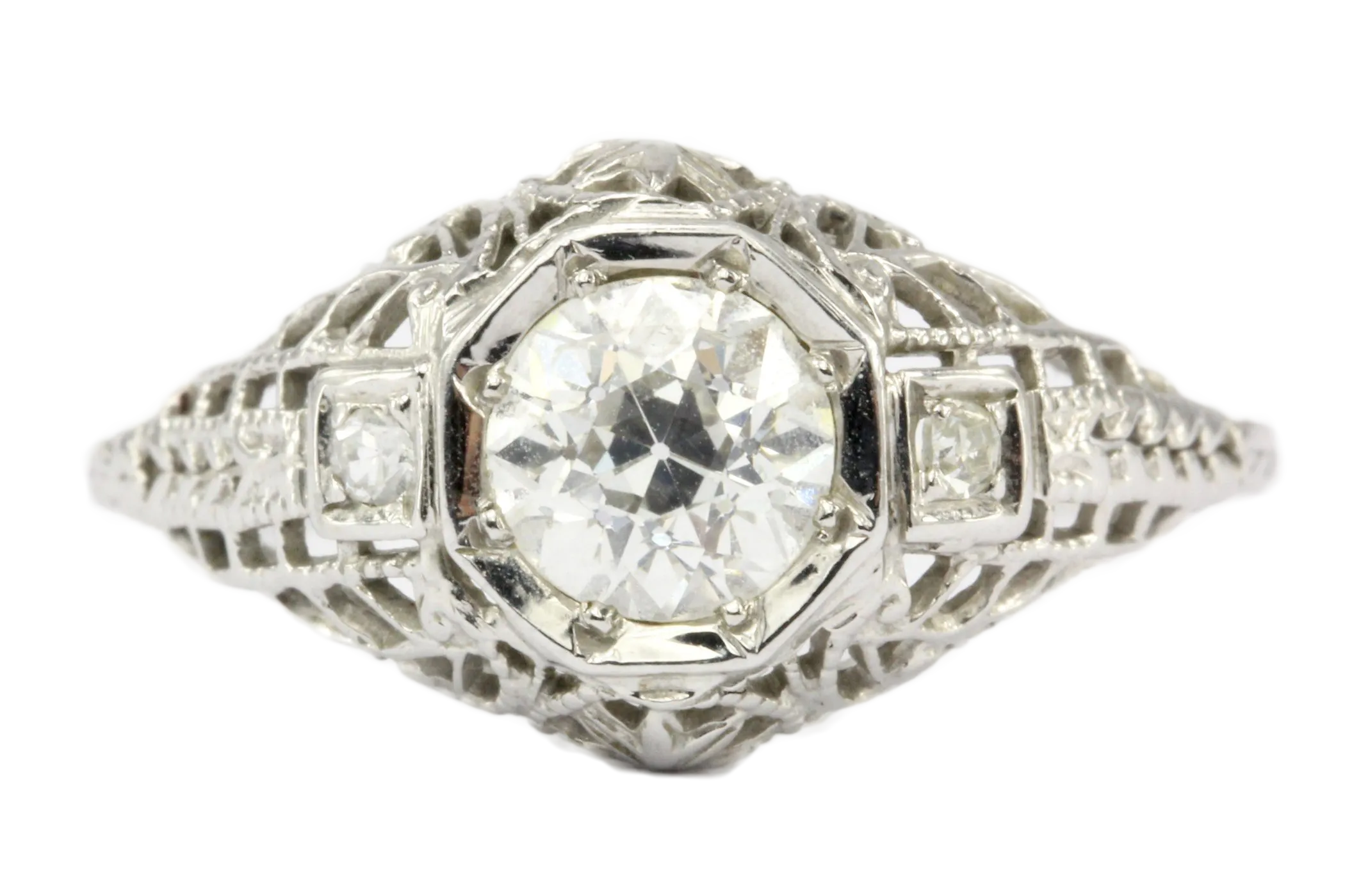 Art Deco 18K White Gold .80 CT Old European Cut Diamond Engagement Ring