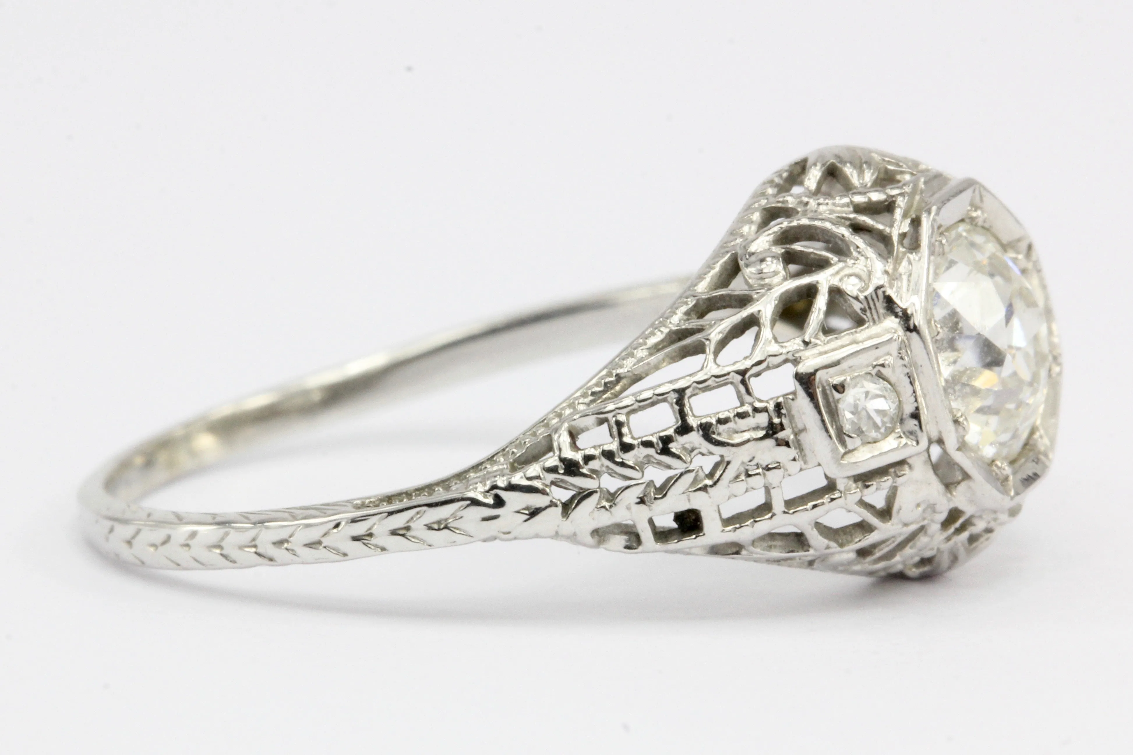 Art Deco 18K White Gold .80 CT Old European Cut Diamond Engagement Ring