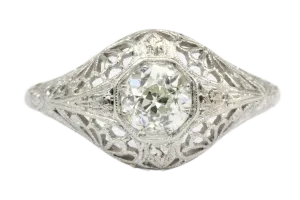 Art Deco 19K White Gold Diamond Filigree Engagement Ring Size 6.5