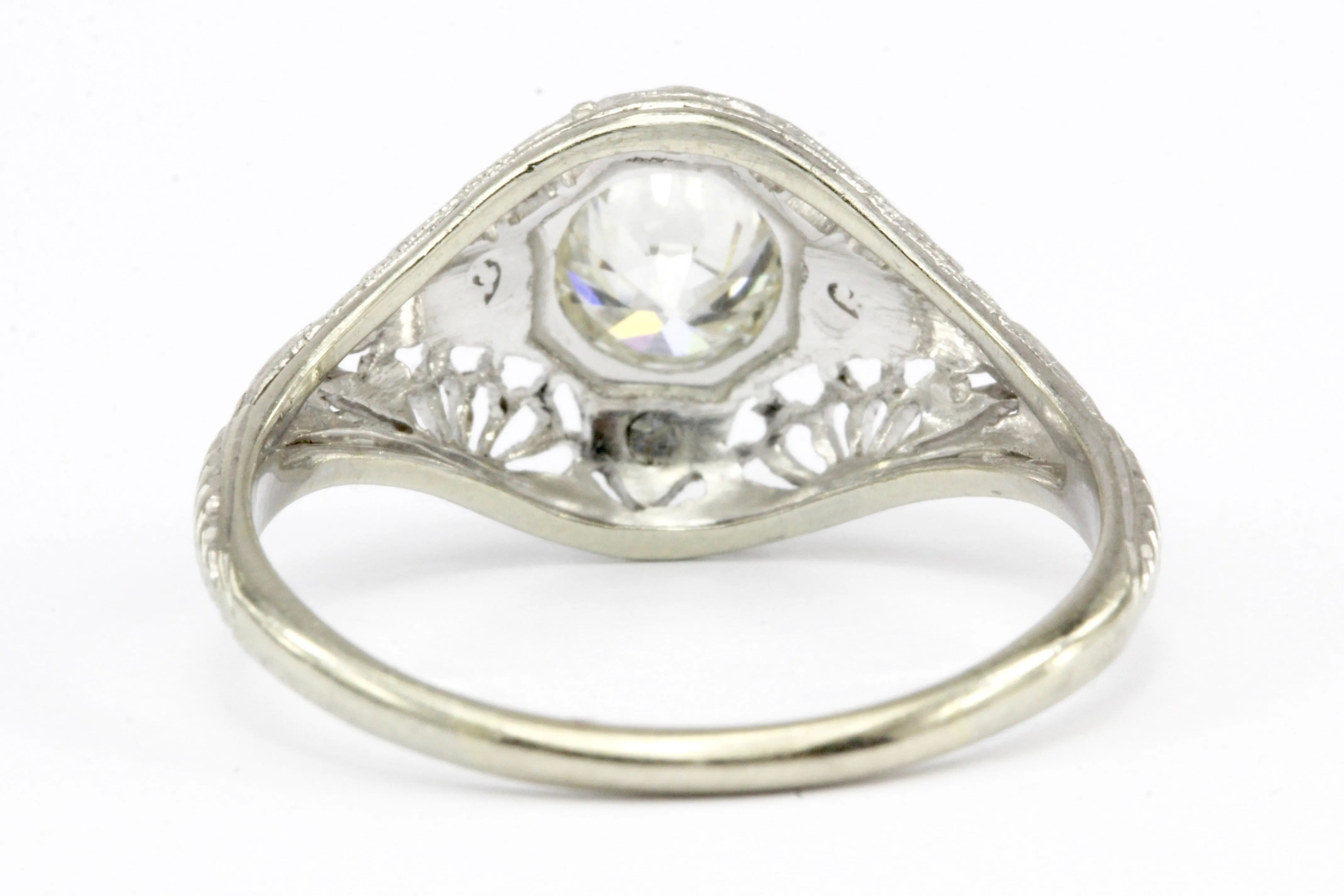Art Deco 19K White Gold Diamond Filigree Engagement Ring Size 6.5