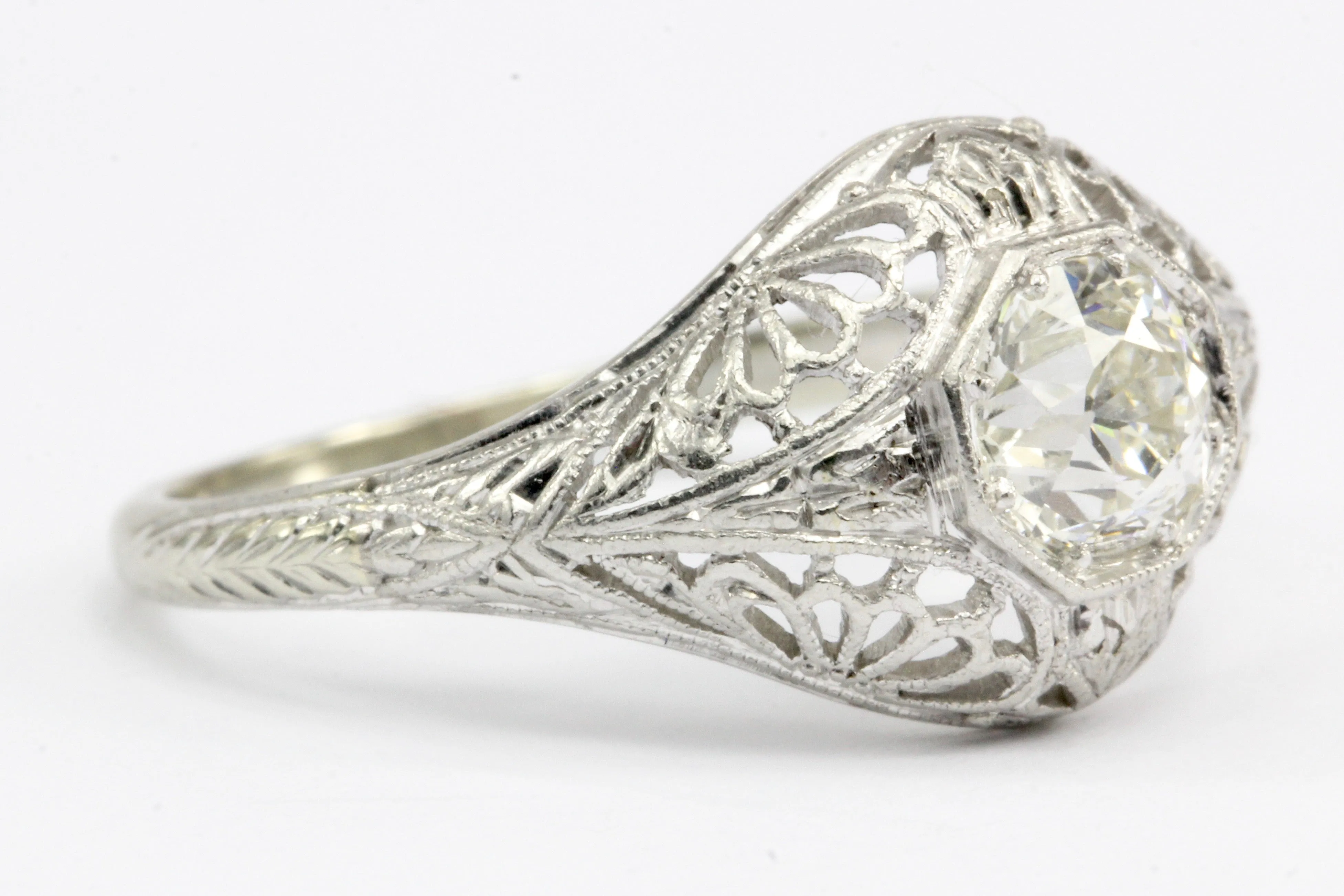 Art Deco 19K White Gold Diamond Filigree Engagement Ring Size 6.5