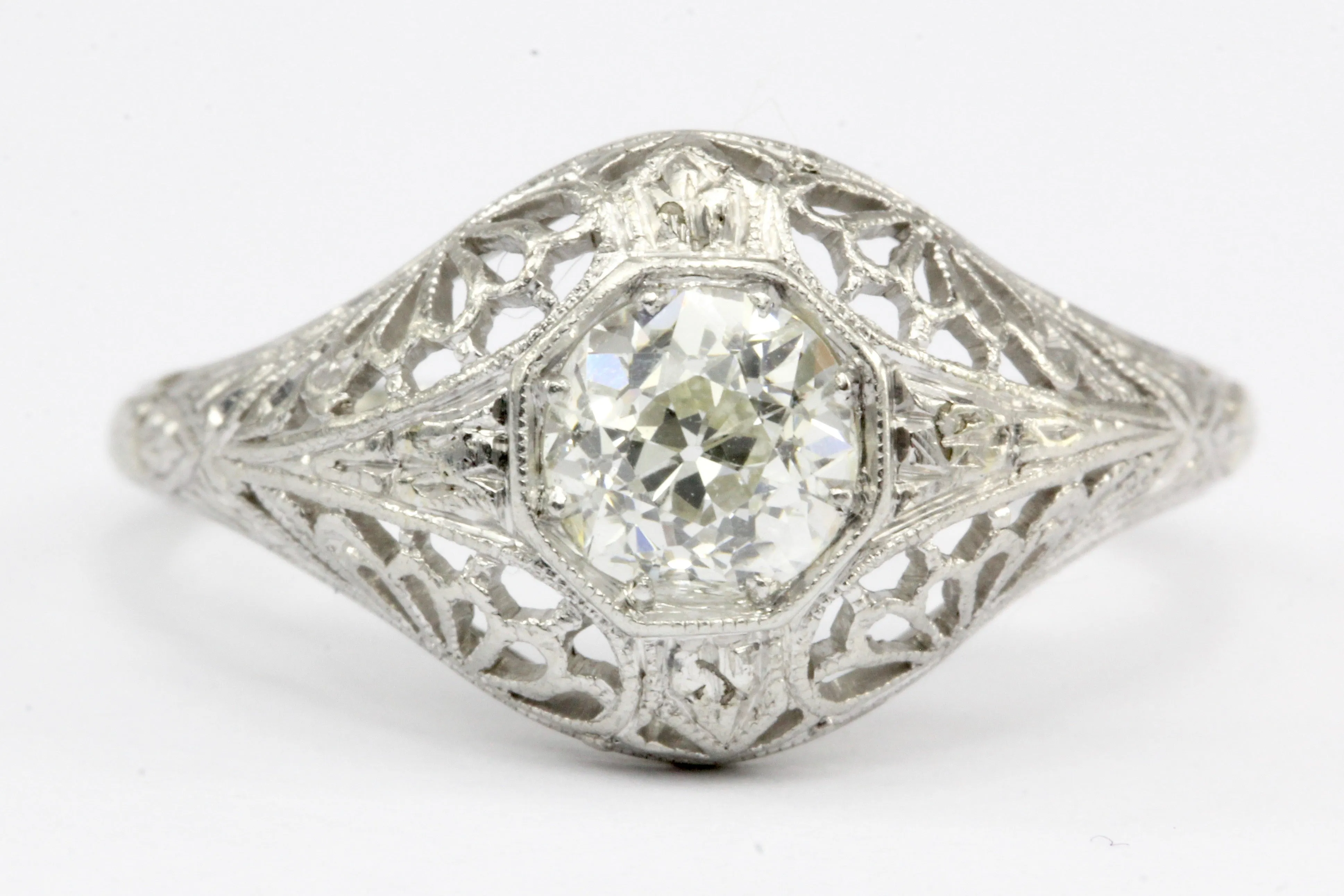 Art Deco 19K White Gold Diamond Filigree Engagement Ring Size 6.5