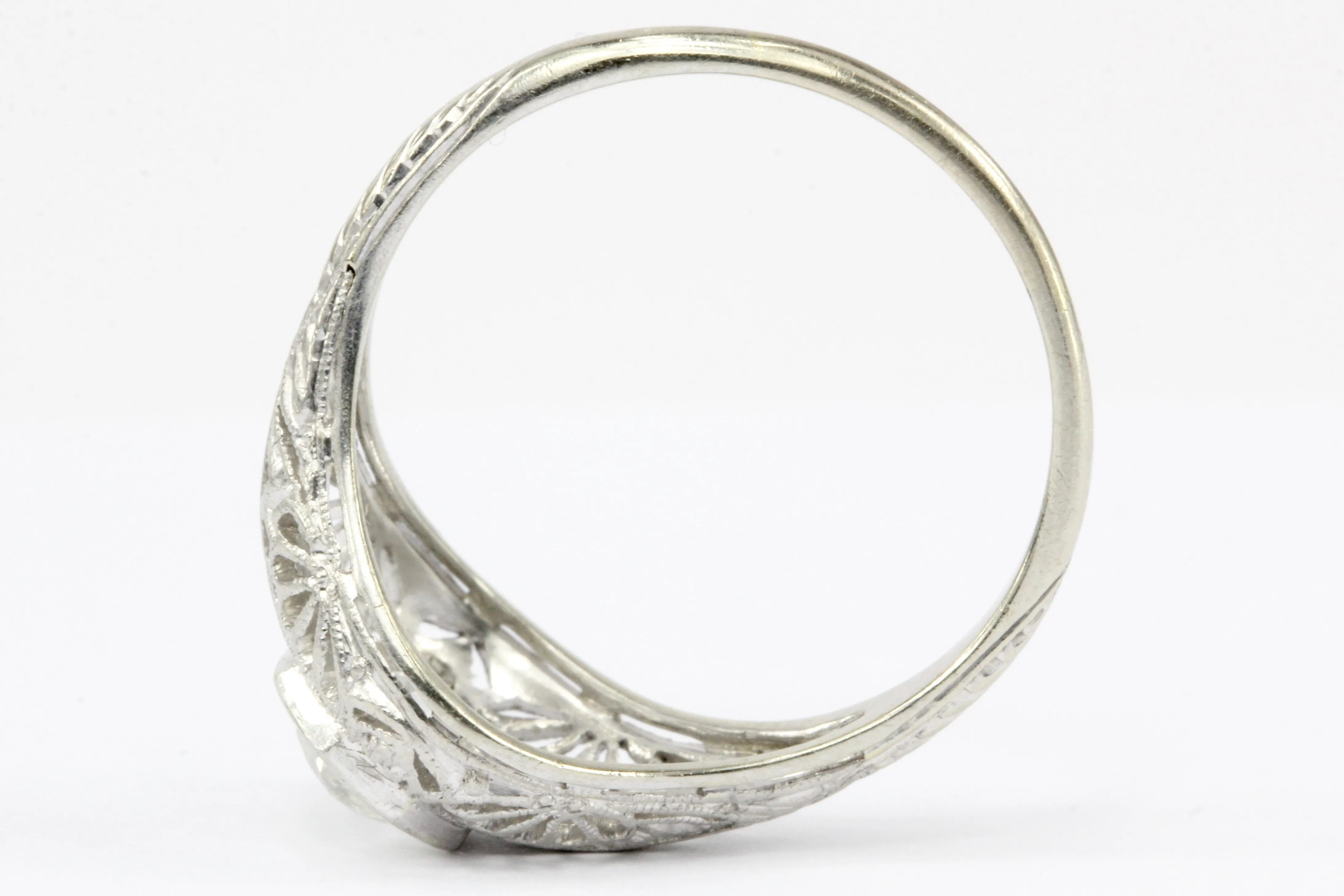 Art Deco 19K White Gold Diamond Filigree Engagement Ring Size 6.5