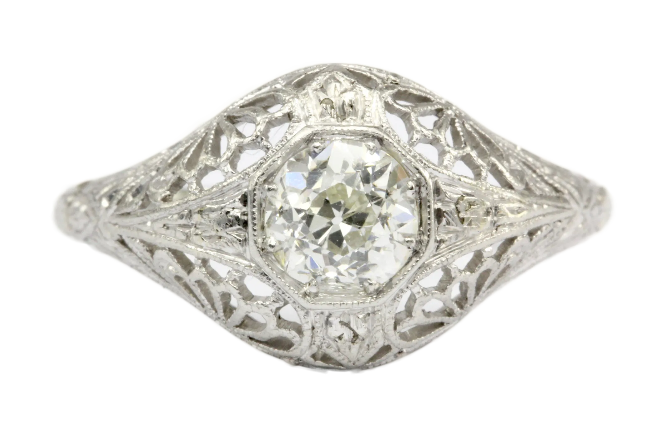 Art Deco 19K White Gold Diamond Filigree Engagement Ring Size 6.5