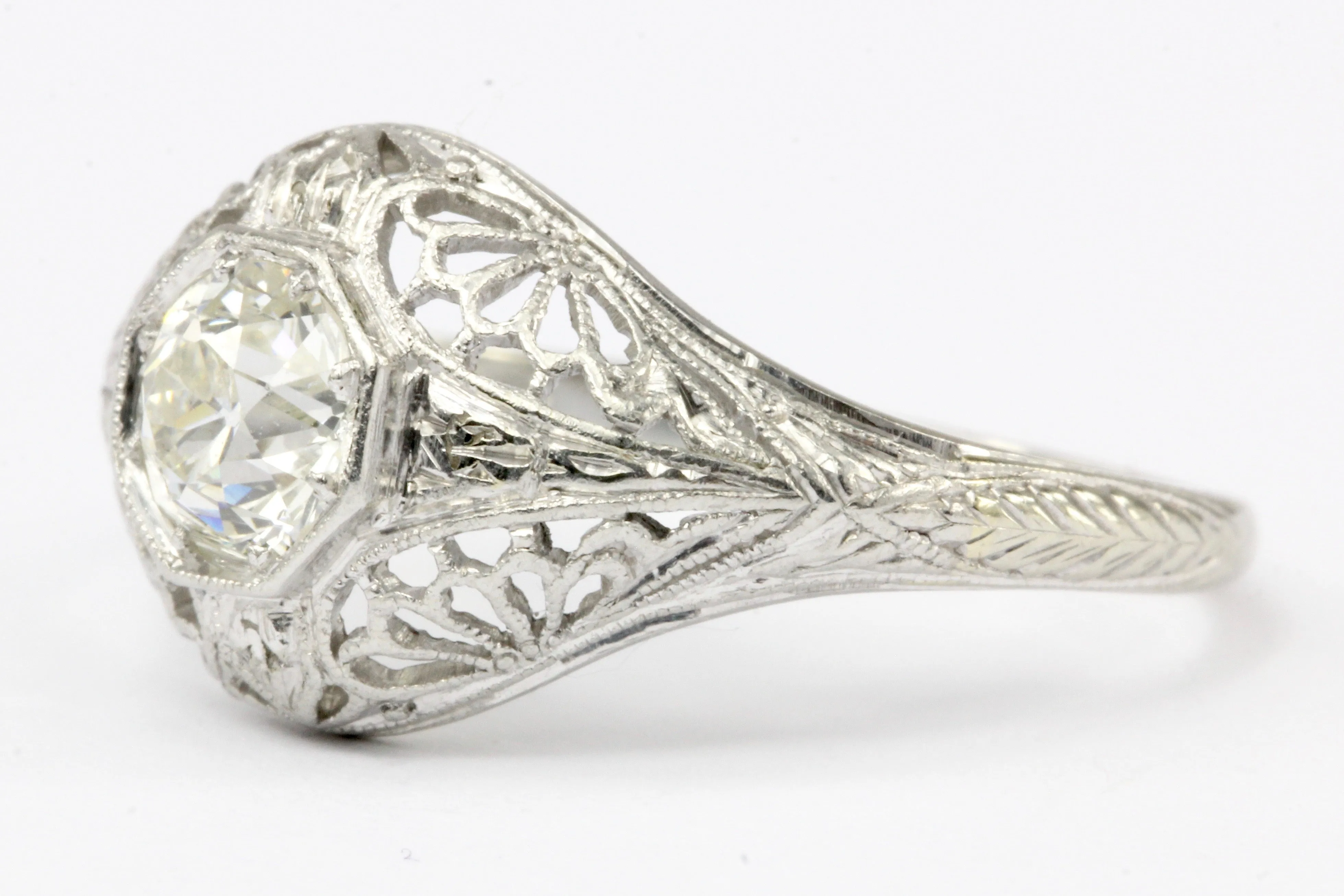 Art Deco 19K White Gold Diamond Filigree Engagement Ring Size 6.5